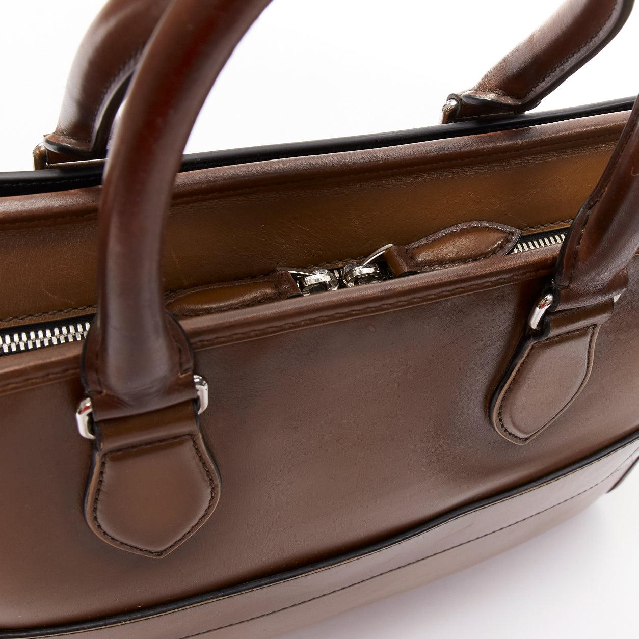 BERLUTI Un Jour brown leather logo zip top handle briefcase 5