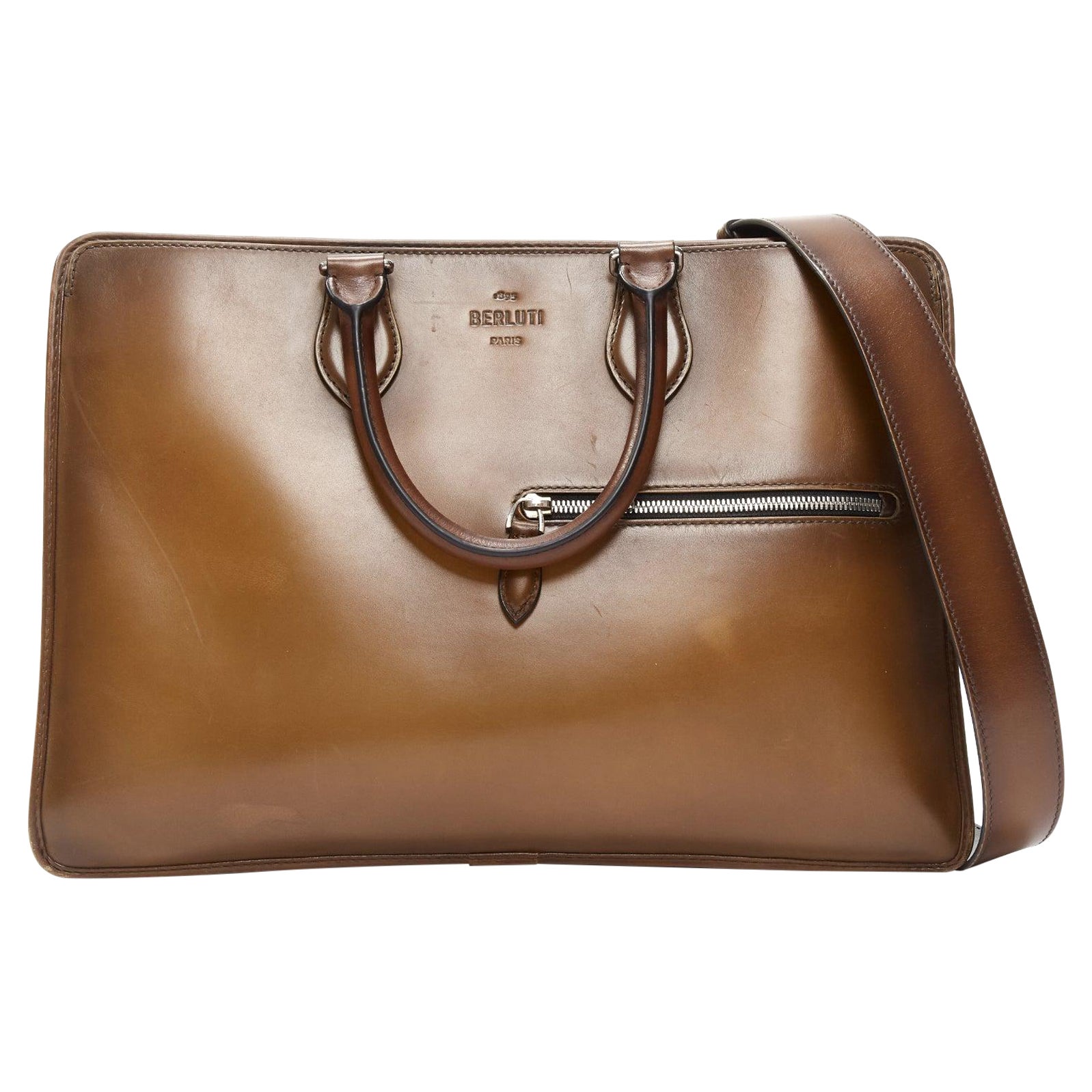 BERLUTI Un Jour brown leather logo zip top handle briefcase
