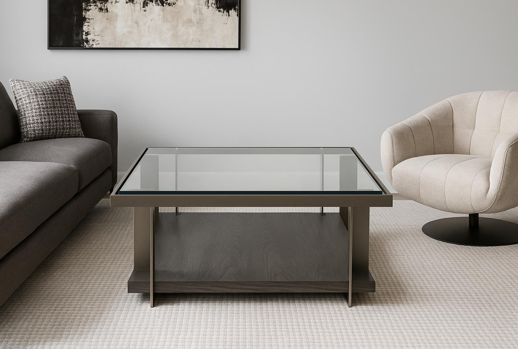Table basse Draper, fabriquée à la main à Los Angeles (États-Unis) par le fabricant Berman Rosetti.  Connu pour sa production de meubles de haute qualité pour le secteur de la décoration d'intérieur.  Tablette inférieure en chêne carbone mat,
