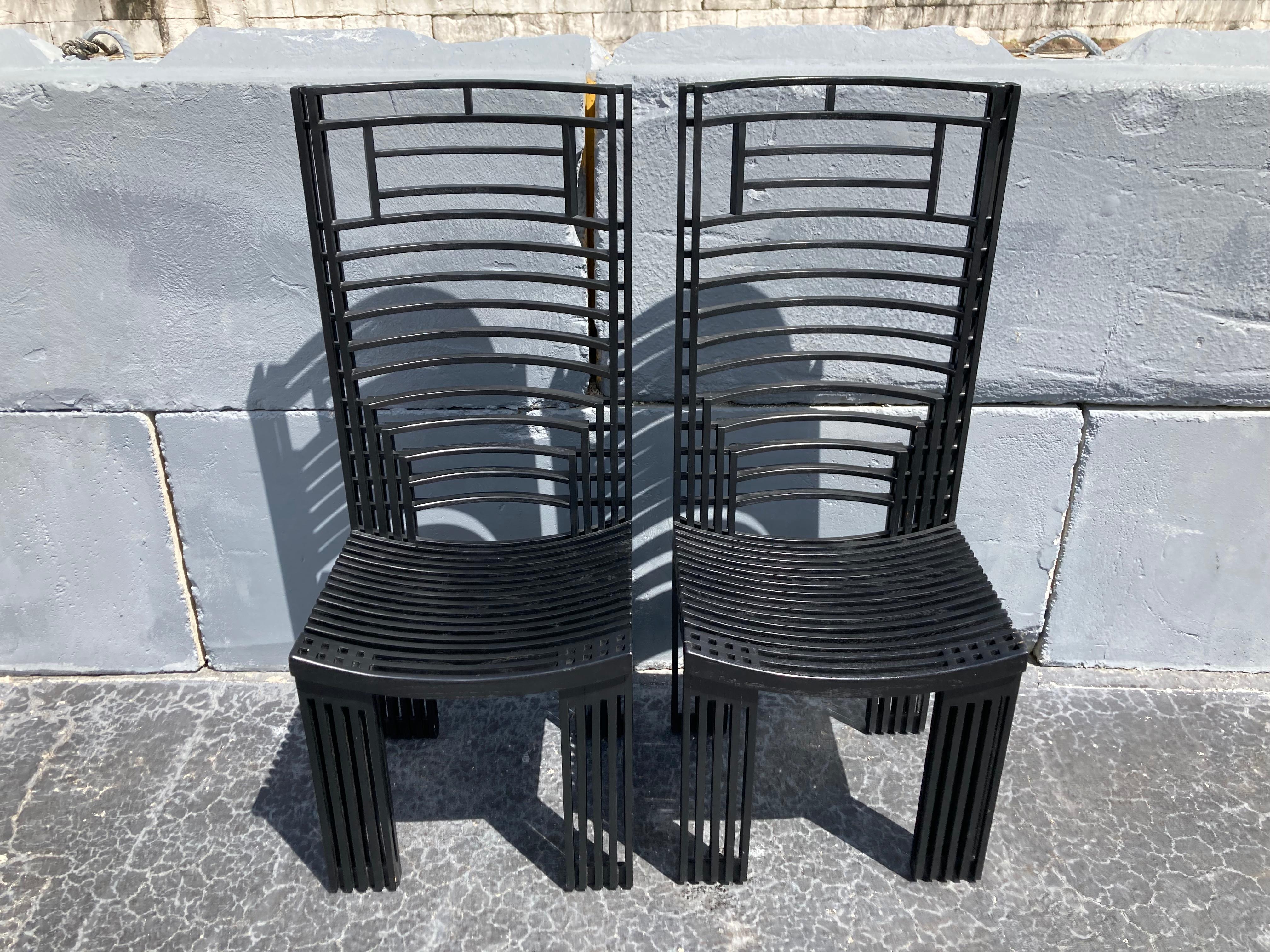 Black lacquered oak, complex chairs :)
The Peruvian architect designed these chairs for a house he build in 1988 in Coral Gables, Florida. Purchased from the original owner Richard Bermont. Price is per chair.
 