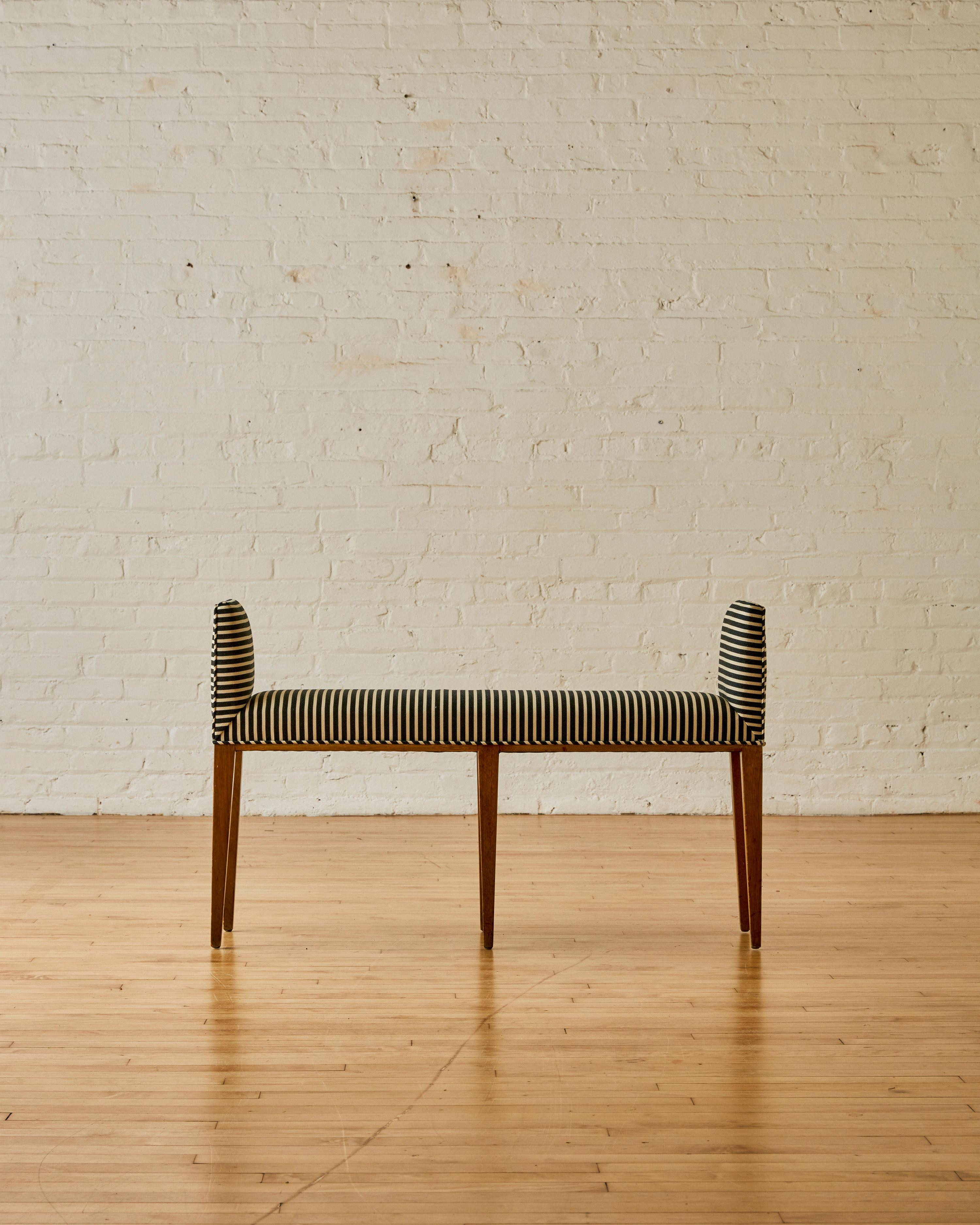 'Bermuda' Bench by Edward Wormley for Dunbar with cedar wood legs, reupholstered in Dedar Milano Strange Loves 001 fabric.

Edward Wormley was an American designer renowned for his work in mid-century modern furniture design. Born on December 31,