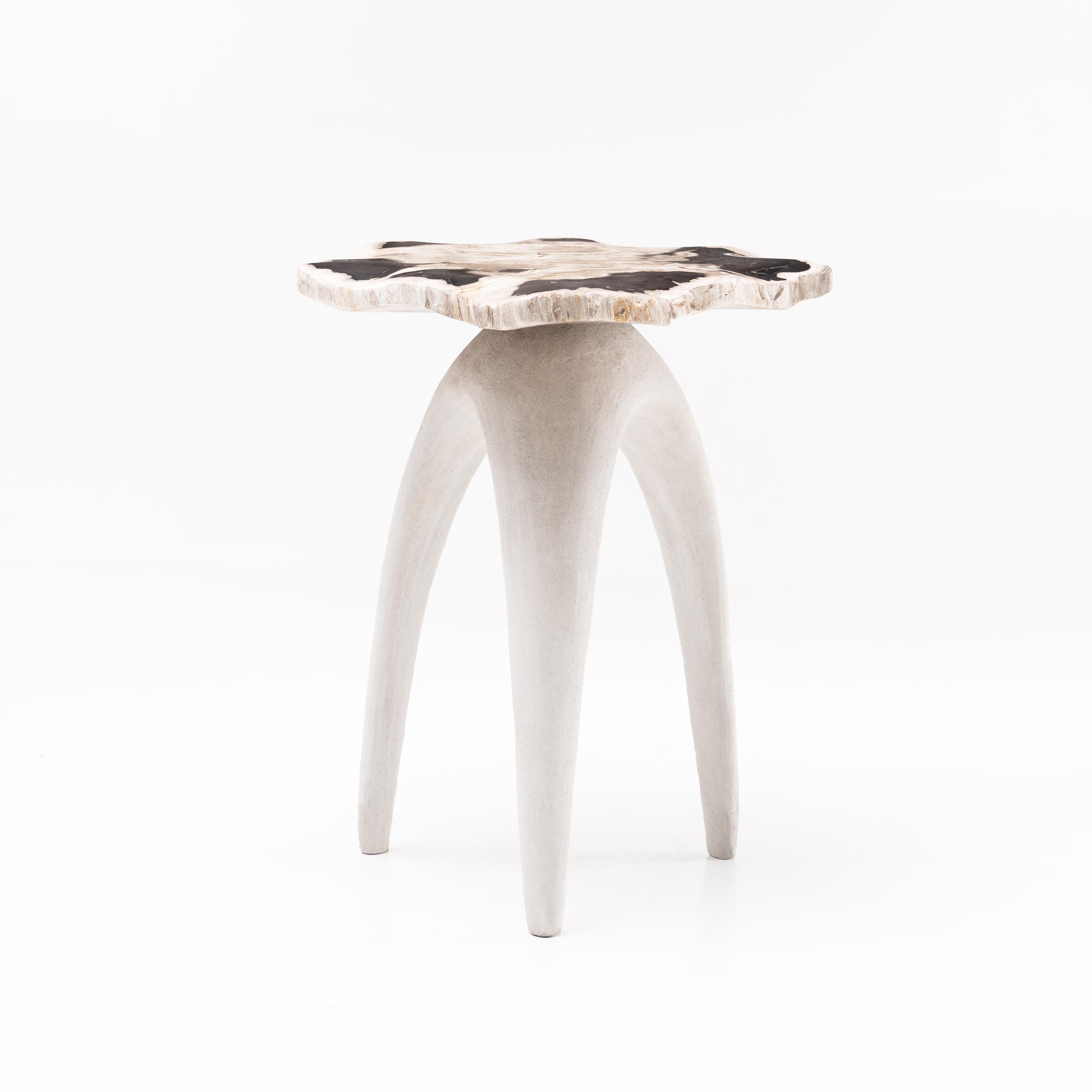 The ‘Bermuda Love Triangle’ sculptural side-table features a solid, hand carved petrified wood top, perched upon an organic shaped tripod base made from limestone composite.

Petrified wood is created from fossilised trees transformed into stone by
