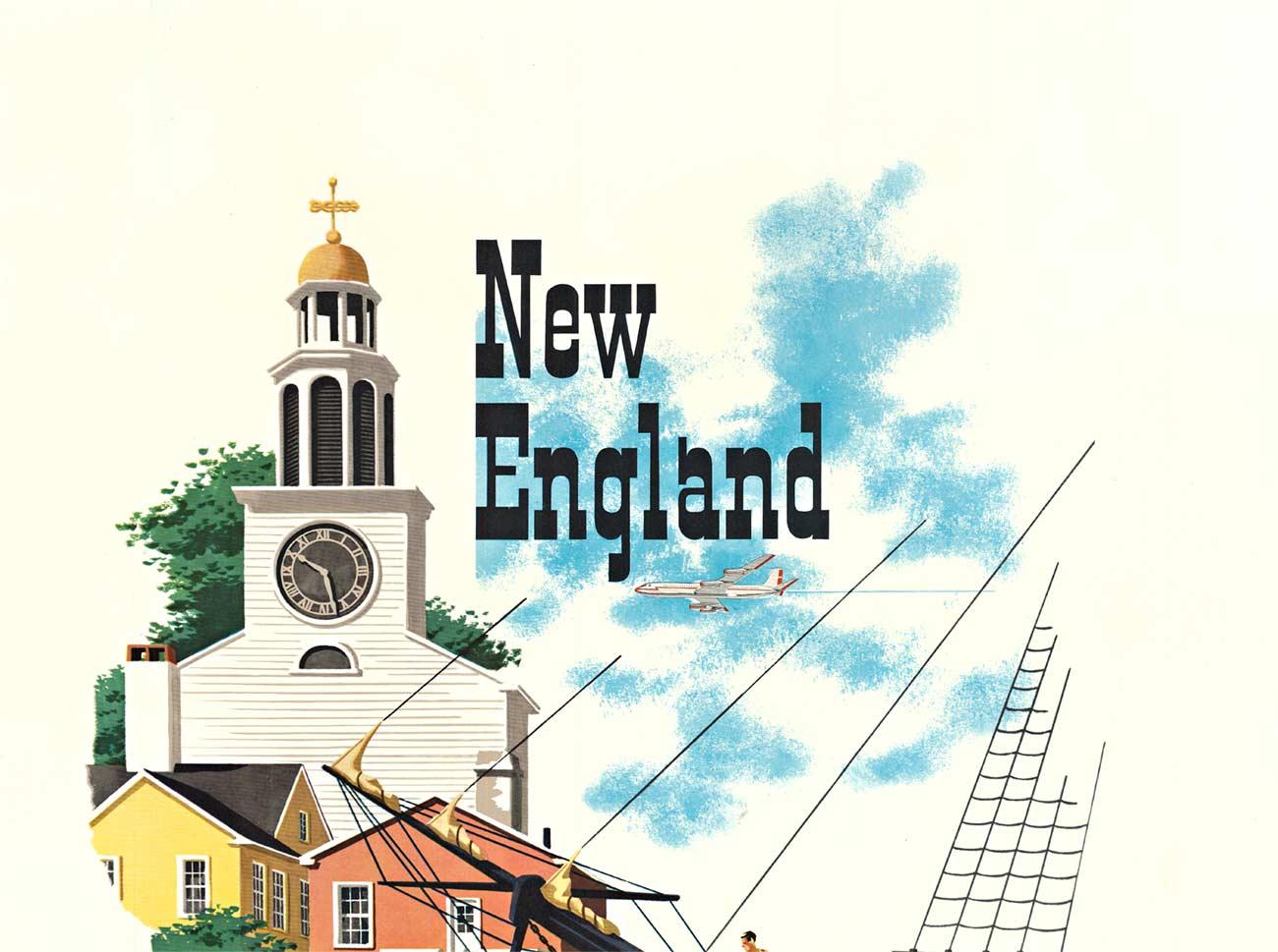 Originales Vintage-Reiseplakat „New England American Airlines“ (Weiß), Landscape Print, von Bern Hill
