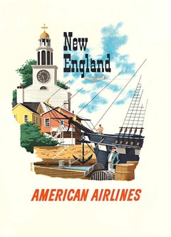 Original "New England American Airlines" vintage travel poster
