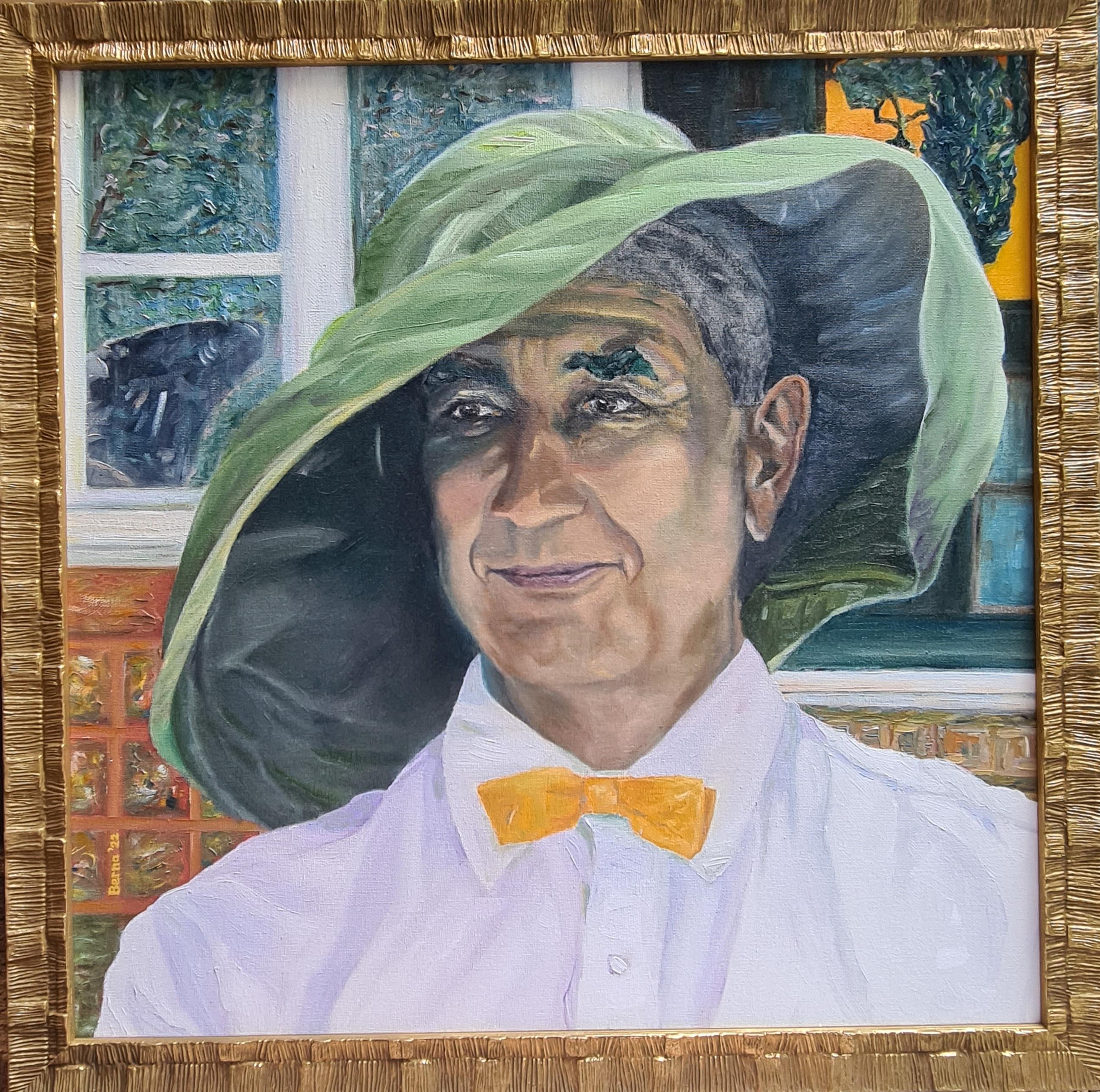Marc, Portrait in Landscape, Contemporary Oil on Linen Board  - Painting by Bernadette 'Berna' Van Baarsen