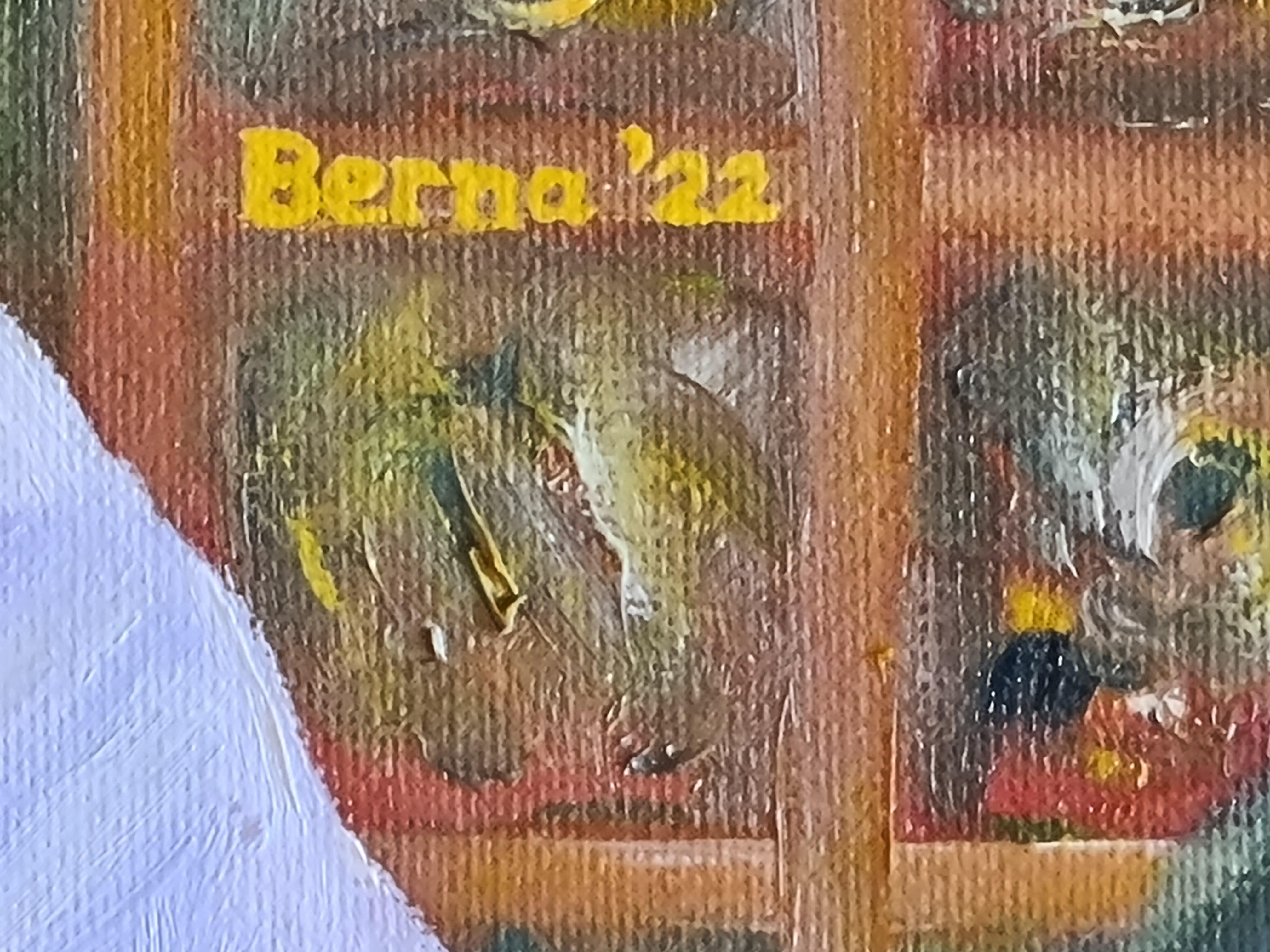 Marc, Portrait dans un paysage, huile sur panneau de lin contemporaine  - Gris Portrait Painting par Bernadette 'Berna' Van Baarsen