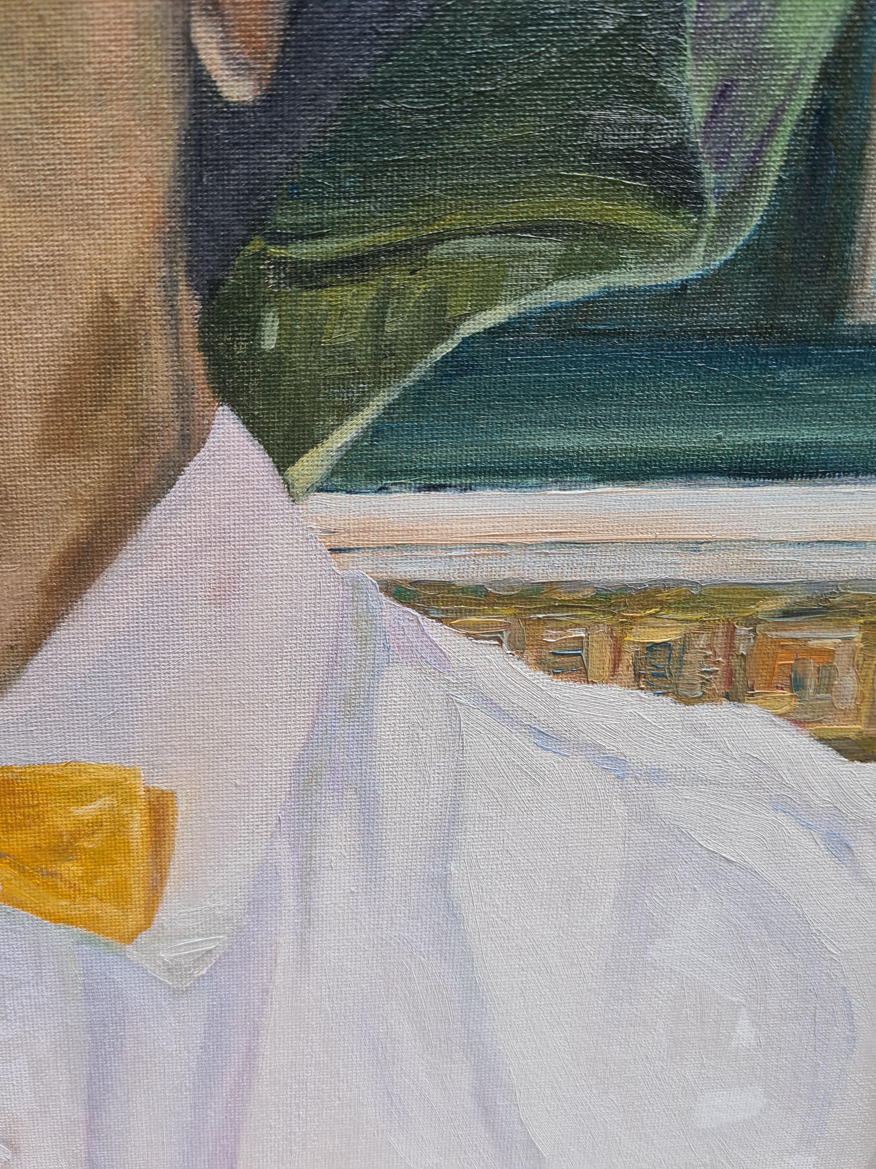 Un portrait contemporain de Marc à l'huile sur panneau de lin, faisant partie d'une série de portraits : 'Portrait in Landscape' de l'artiste néerlandaise Bernadette 'Berna' Van Baarsen. Le tableau est signé en bas à gauche, titré au dos et est