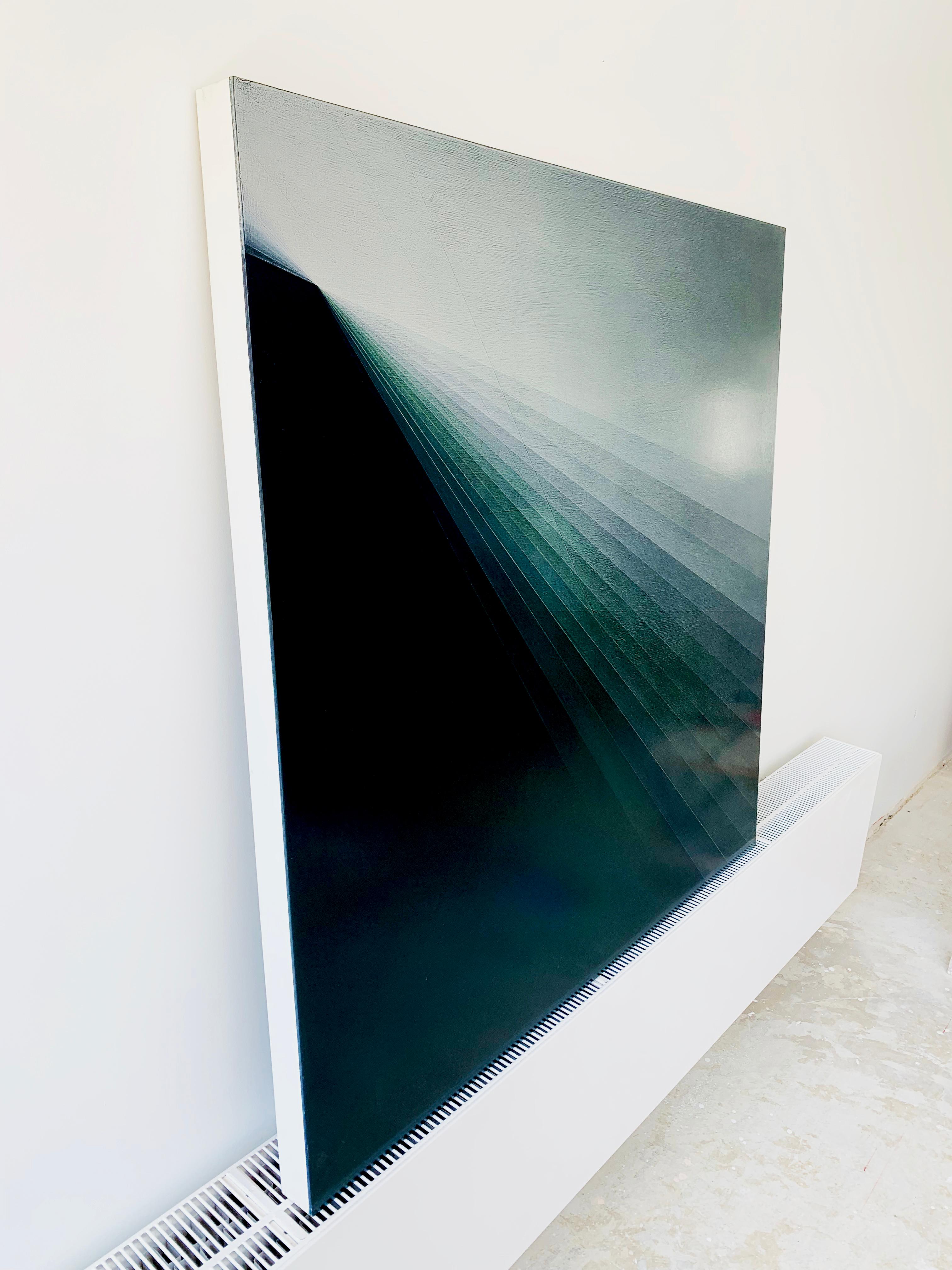 This abstract painting is highly reflective and depending on the light changes its color. Sometimes vividly green, sometimes a darker grey. 

At the heart of each of Frank’s paintings is the Japanese concept of Ma, which is the space or pause