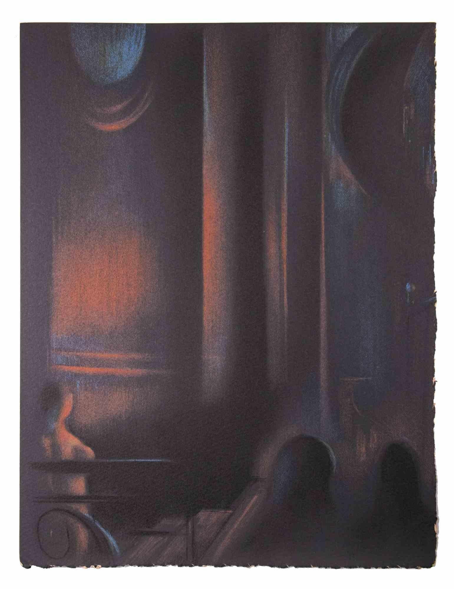 Interior with night vision is an original mixed media drawing, realized by Bernadette Kelly in about 1980 s. Not signed

The artist depicts  a scene of an interior of an apartment with a intimate view.

Good conditions.

Bernadette Kelly ( 1933) is