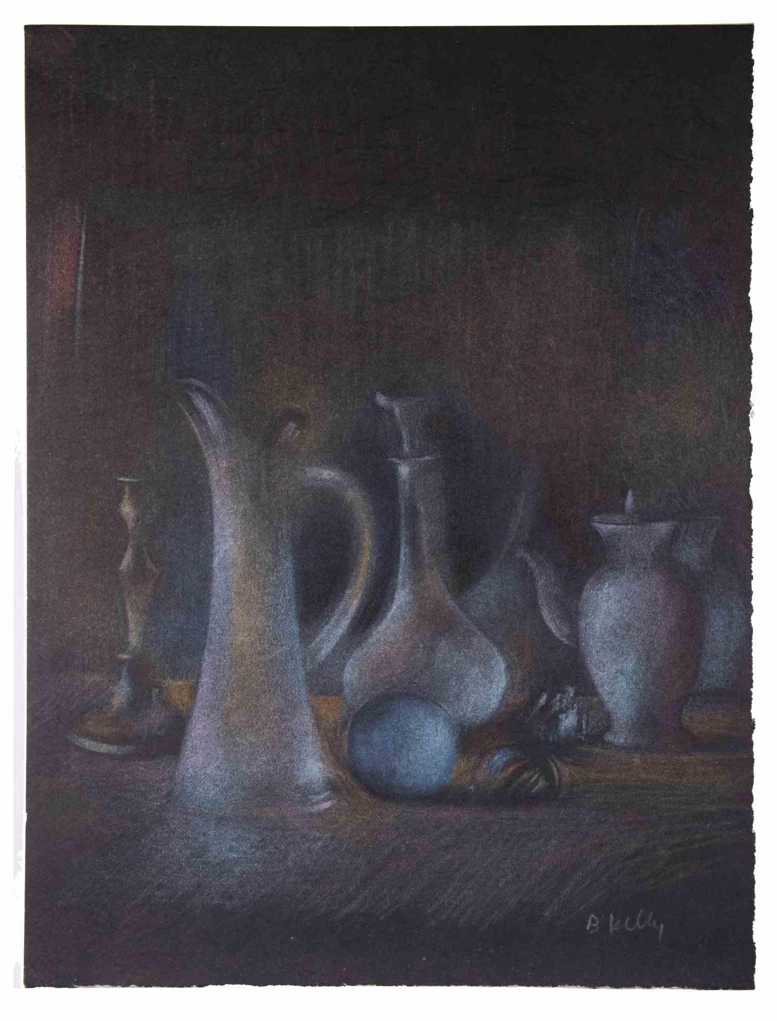 Still Life is an original mixed media, realized by Bernadette Kelly in about 1980 s. Hand signed on the lower right margin

The artist depicts  an intimate still life scene. Few elements, simple lines marked by the succession of warm tones.

Good
