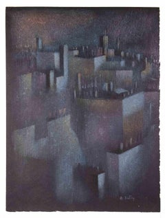 The Buildings in the Night  - Mixed Media Drawing by Bernadette Kelly - 1980s