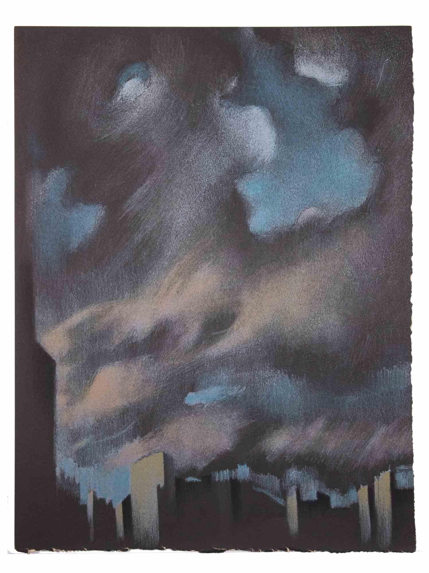 Paysage urbain avec nuages est une œuvre originale en techniques mixtes, réalisée par Bernadette Kelly dans les années 1980. L'œuvre d'art n'est pas signée.

L'artiste dépeint la ville nocturne, où il y a des maisons et des..  en arrière-plan le
