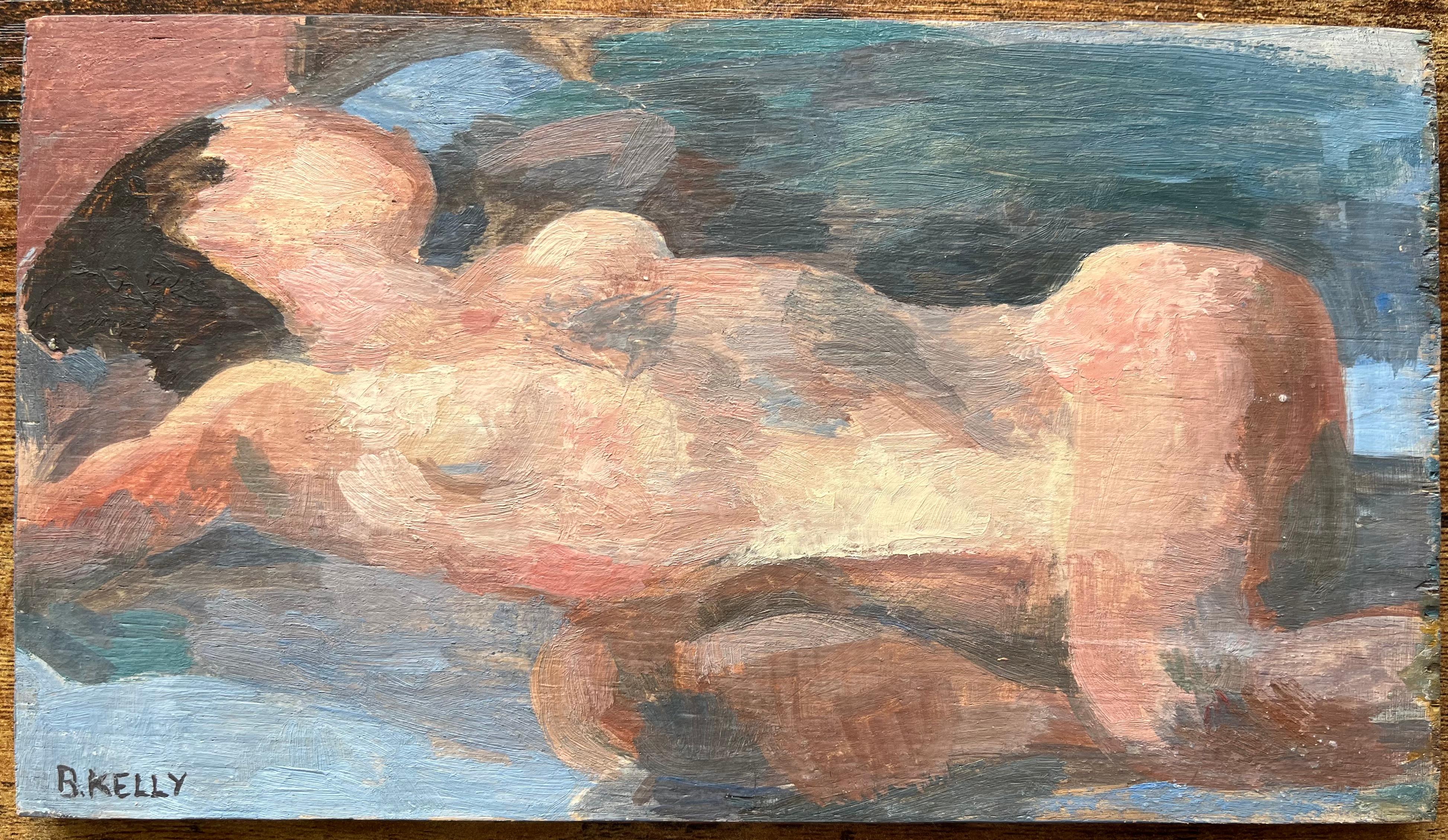 Pittura a olio modernista francese del XX secolo: nudo di donna sdraiata in posizione onirica - Painting di Bernadette Kelly