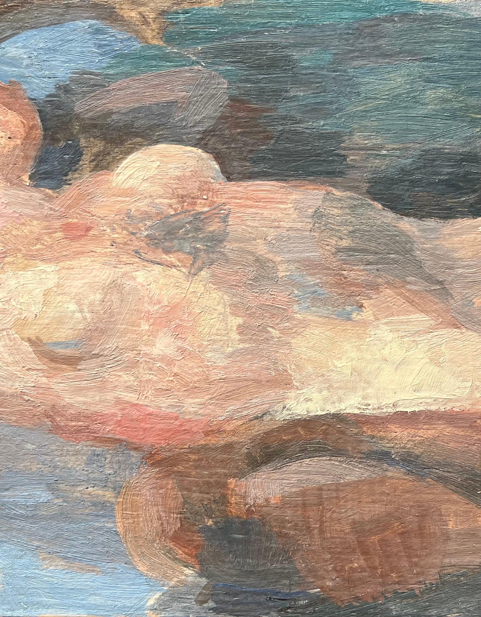 Pittura a olio modernista francese del XX secolo: nudo di donna sdraiata in posizione onirica - Figurative Painting Marrone di Bernadette Kelly