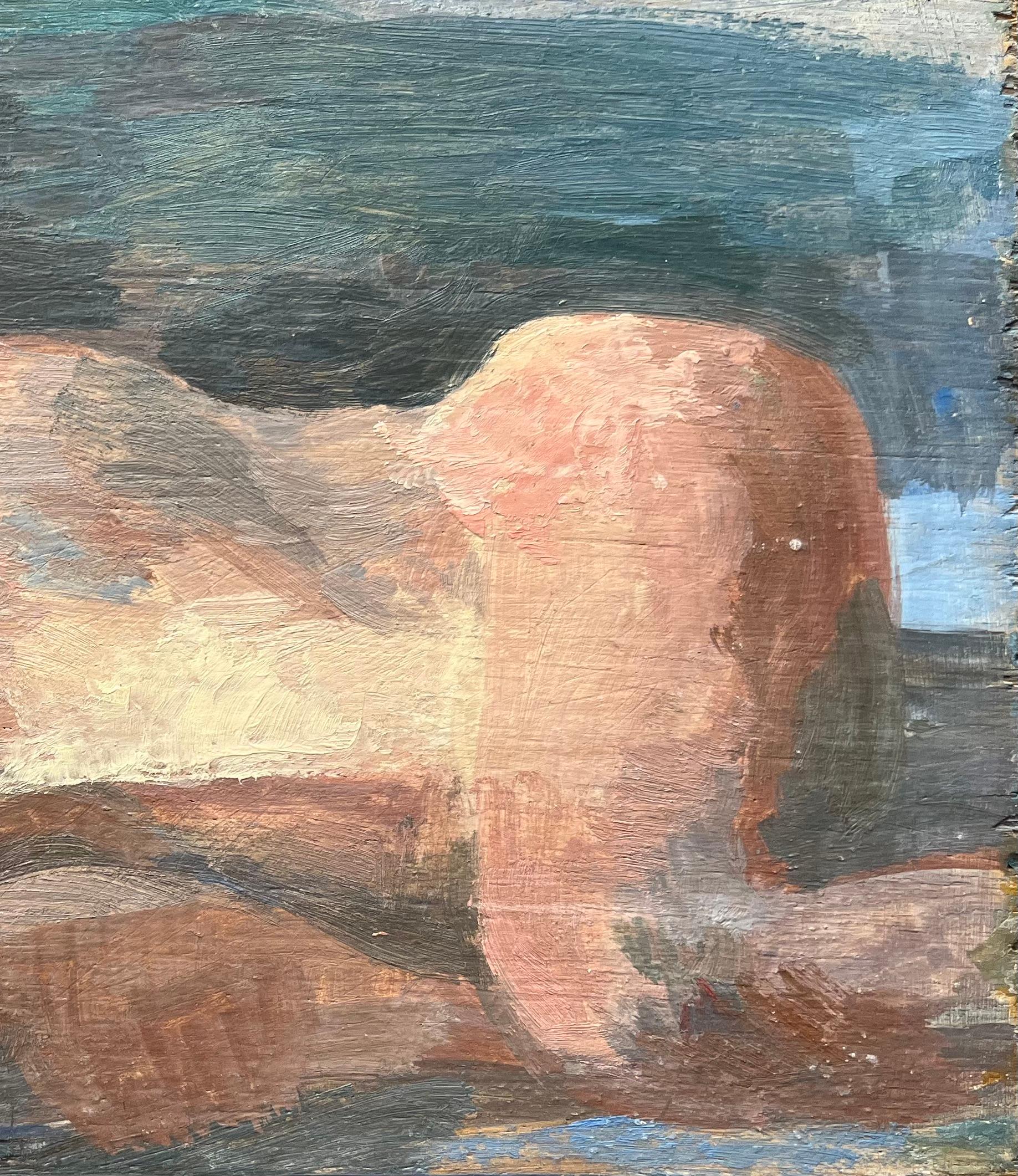 Titolo:  Olio moderno dell'Impressionismo francese raffigurante un nudo sdraiato in posa onirica
di Bernadette Kelly (francese, nata nel 1933)
Firmato
Medium: pittura a olio su tavola, senza cornice
Dimensioni del dipinto: 5 pollici (altezza) x 9
