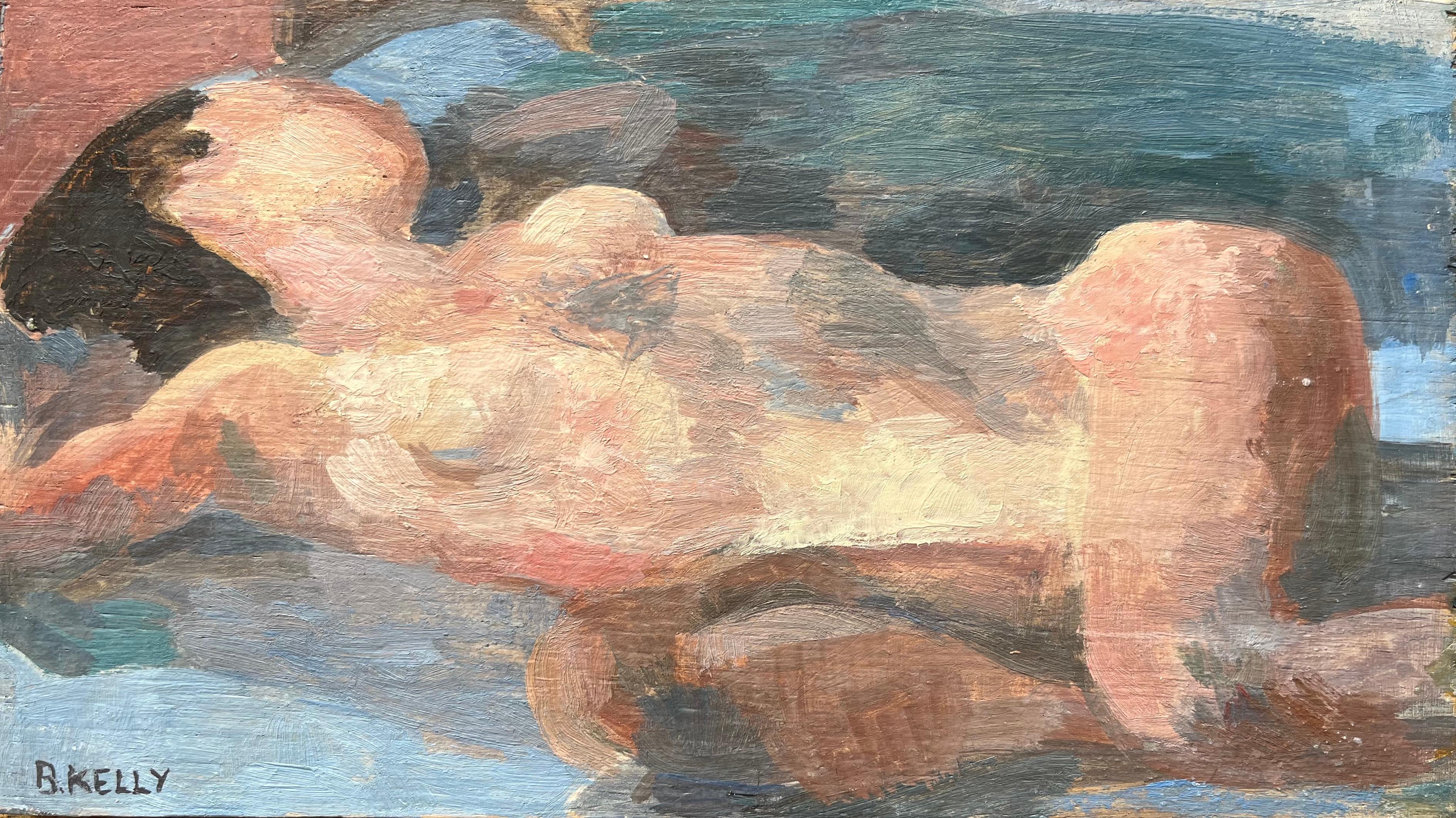 Figurative Painting di Bernadette Kelly - Pittura a olio modernista francese del XX secolo: nudo di donna sdraiata in posizione onirica
