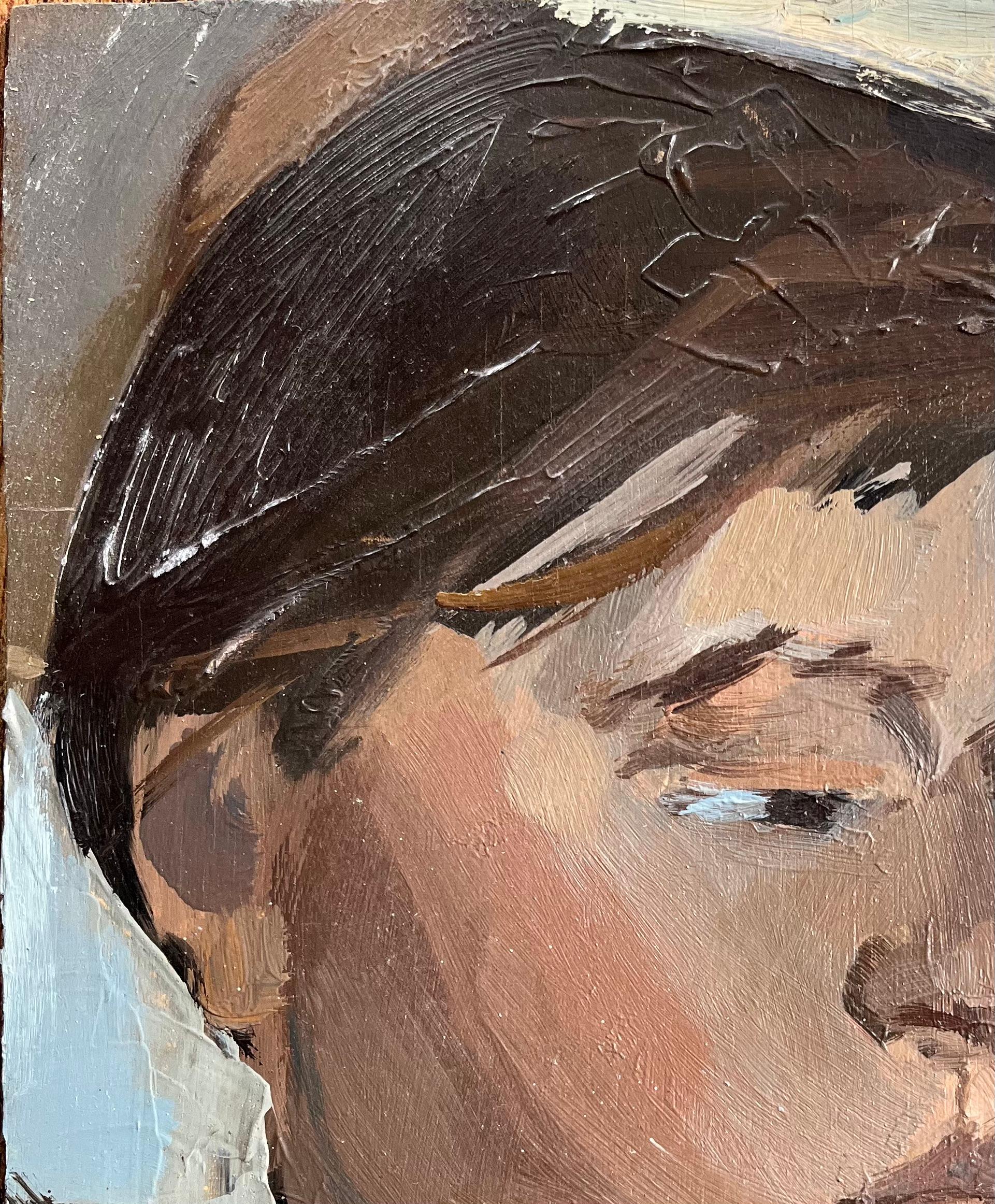 Óleo modernista francés del siglo XX de una joven pensativa - Painting Moderno de Bernadette Kelly