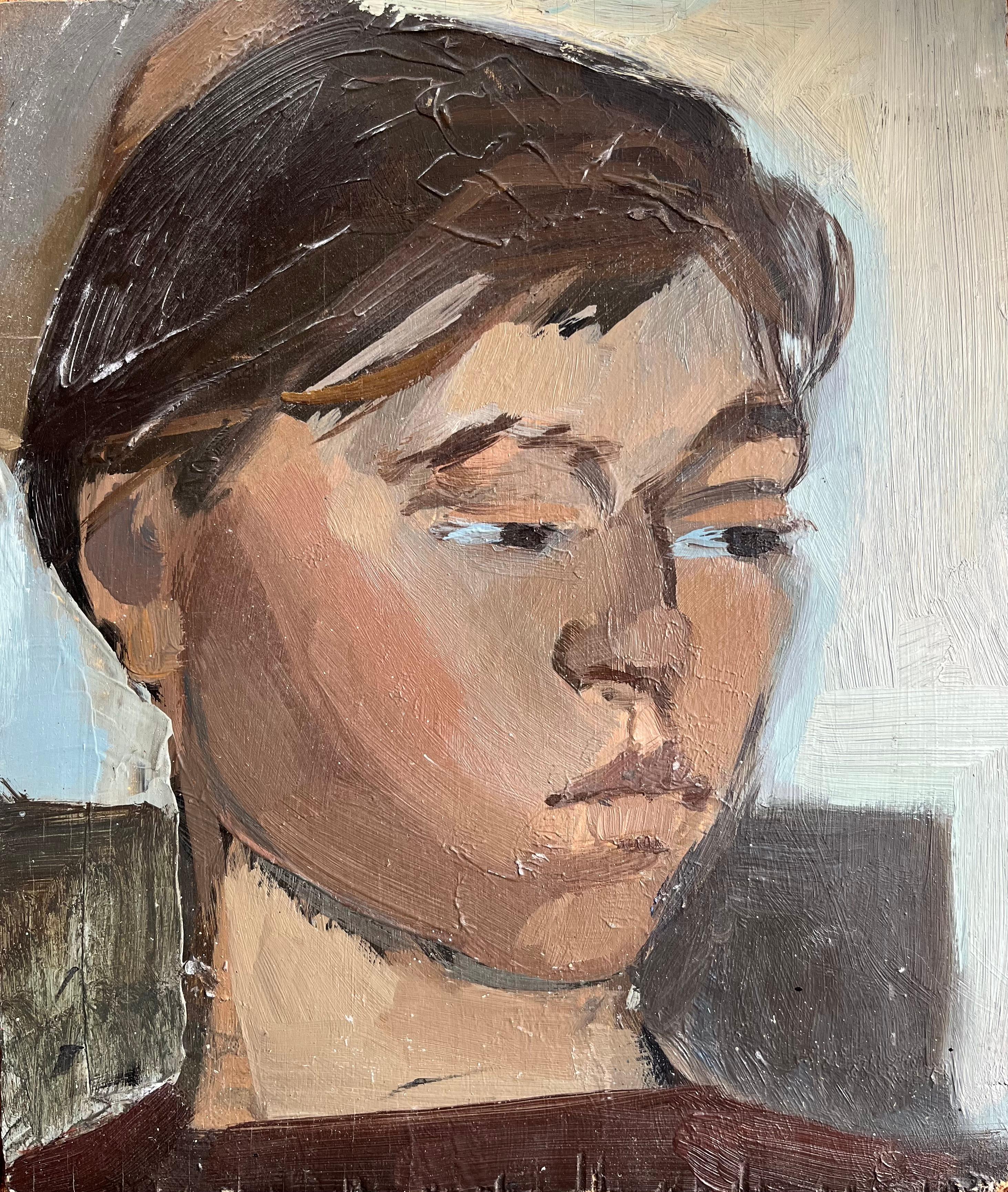 Interior Painting de Bernadette Kelly - Óleo modernista francés del siglo XX de una joven pensativa