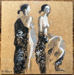 Óleo modernista francés del siglo XX Dos mujeres desnudas con túnicas negras