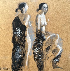 Pittura a olio modernista francese del XX secolo Due donne nude con abiti neri