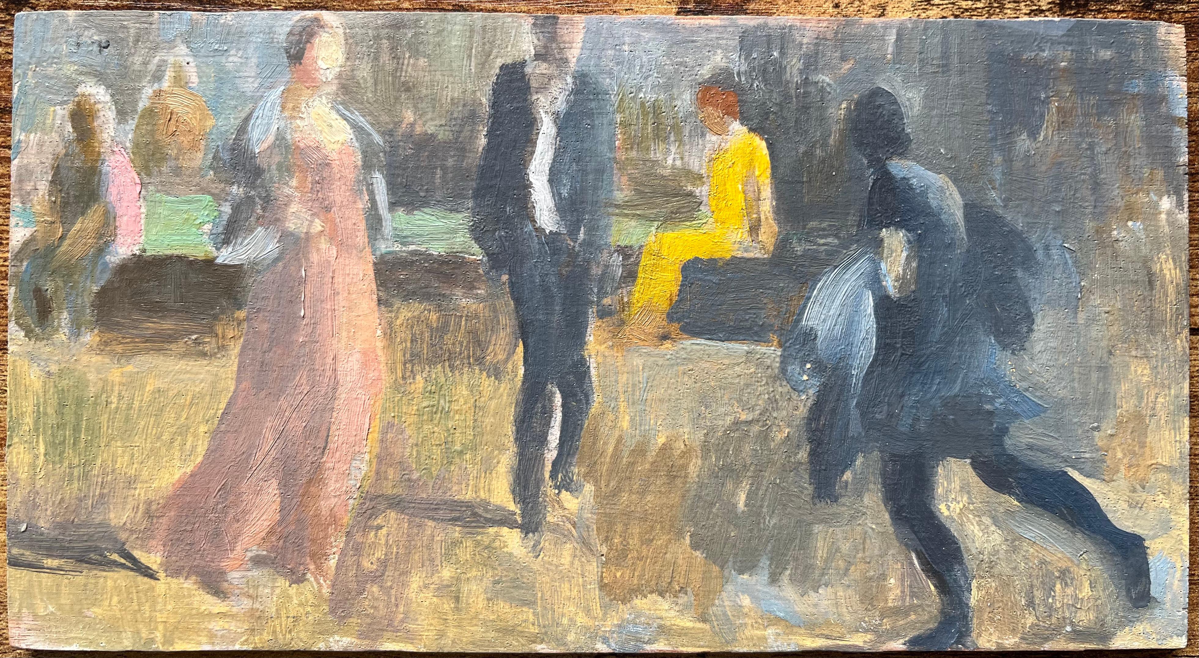 Pittura a olio modernista francese del XX secolo con figure eleganti in un parco - Painting di Bernadette Kelly