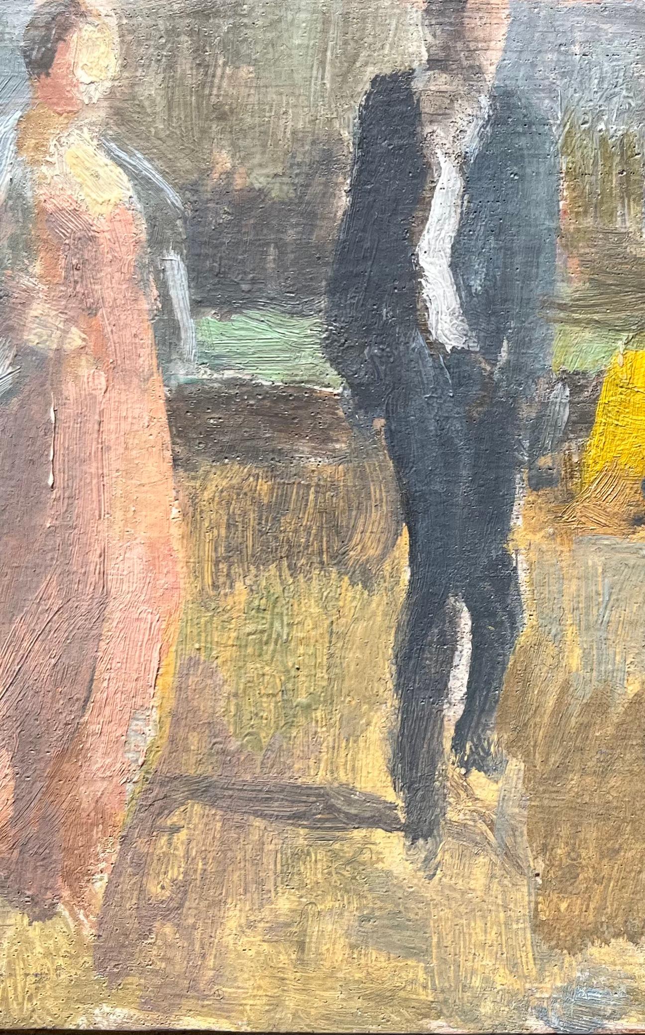 Pittura a olio modernista francese del XX secolo con figure eleganti in un parco - Figurative Painting Marrone di Bernadette Kelly