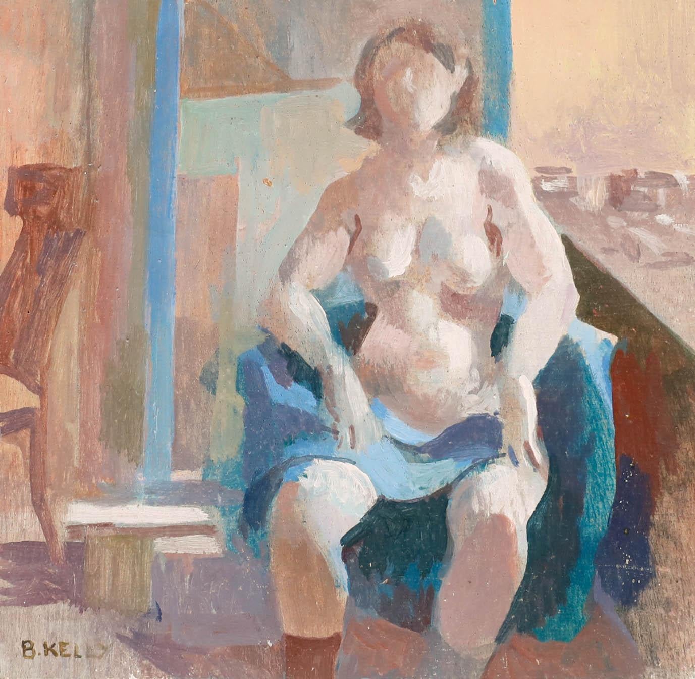 Bernadette Kelly (geb.1933) - 20. Jahrhundert Öl, Akt mit blauer Decke im Angebot 1