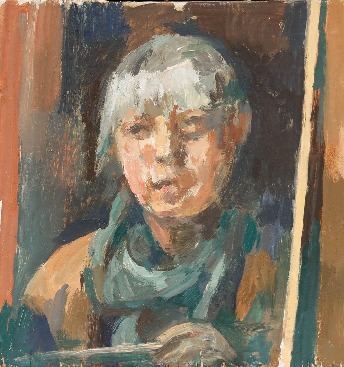 Bernadette Kelly (geb. 1933) - 20. Jahrhundert Öl, Porträt einer silberhaarigen Dame im Angebot 1