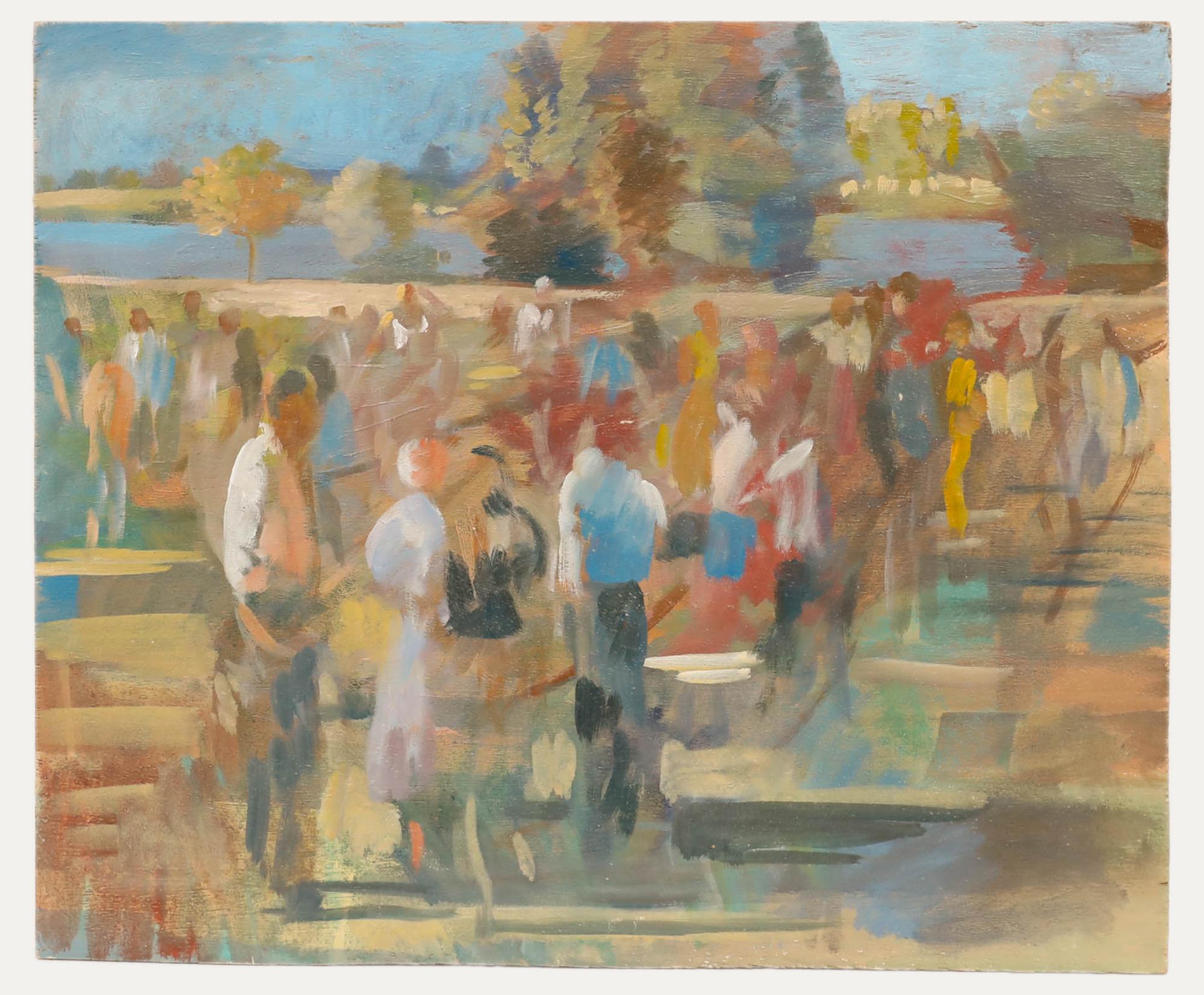Bernadette Kelly (n.1933) - Siglo XX Óleo, Fiesta del pueblo en venta 1