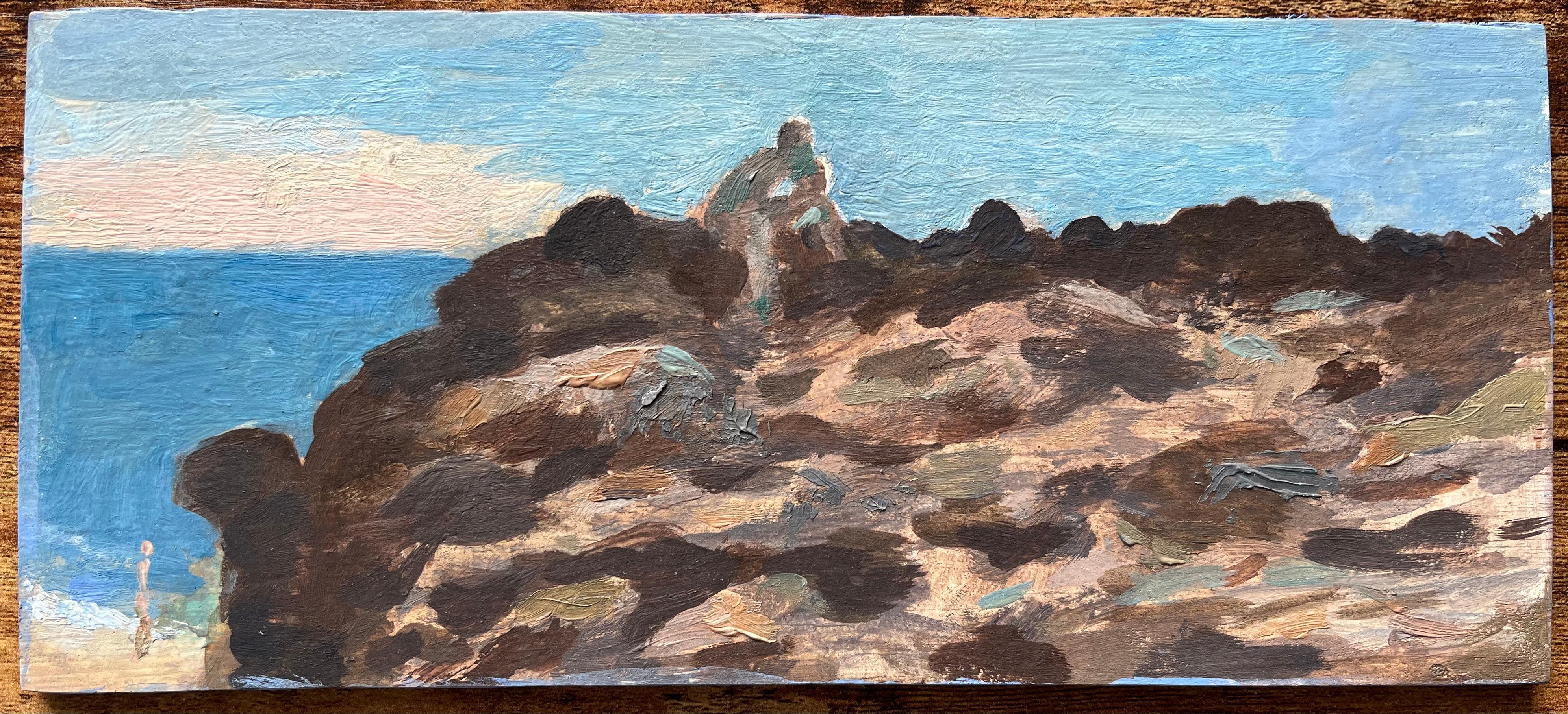 Pintura al óleo impresionista francesa de un paisaje costero con figuras - Painting de Bernadette Kelly