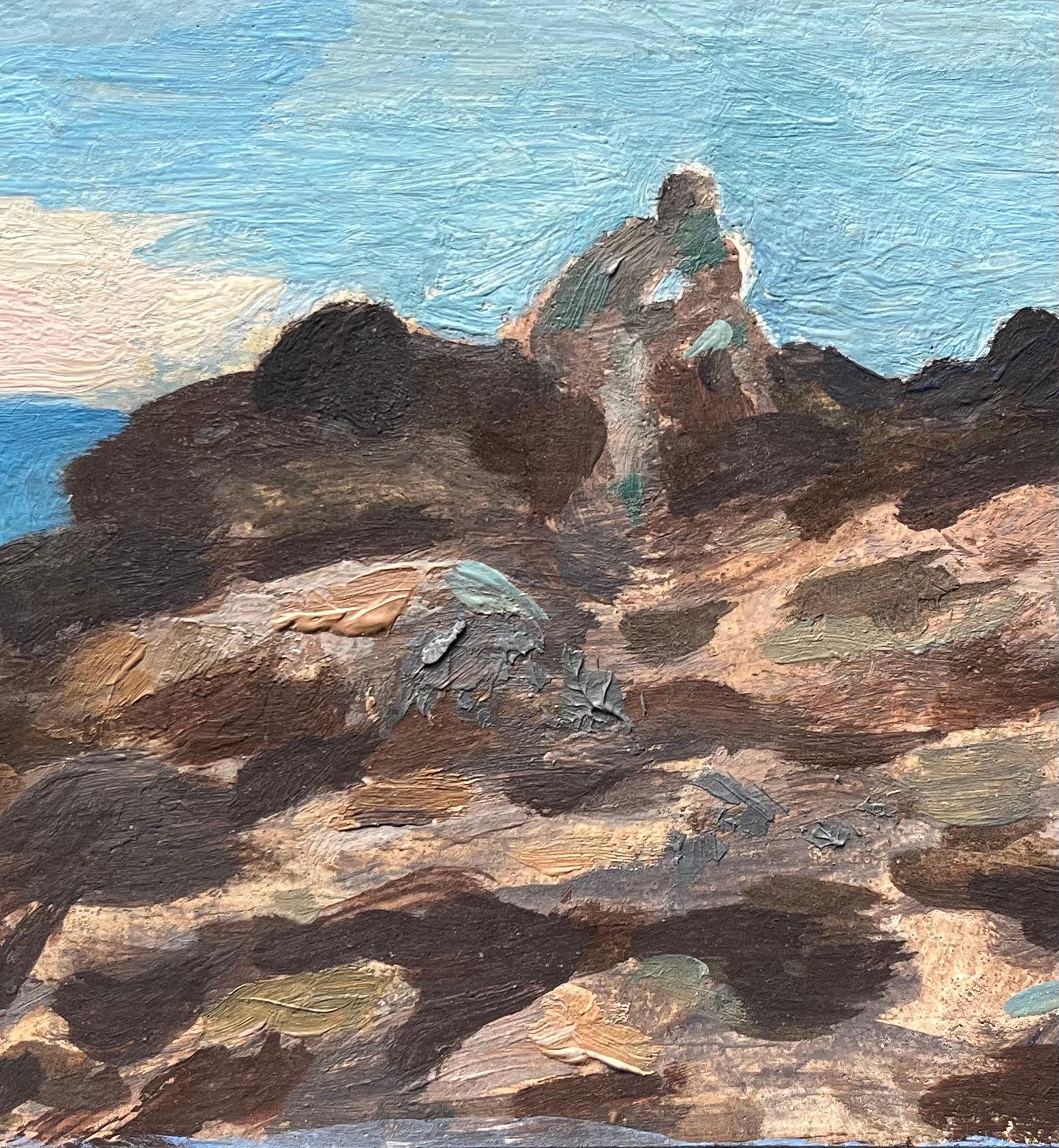 Pintura al óleo impresionista francesa de un paisaje costero con figuras - Painting Moderno de Bernadette Kelly