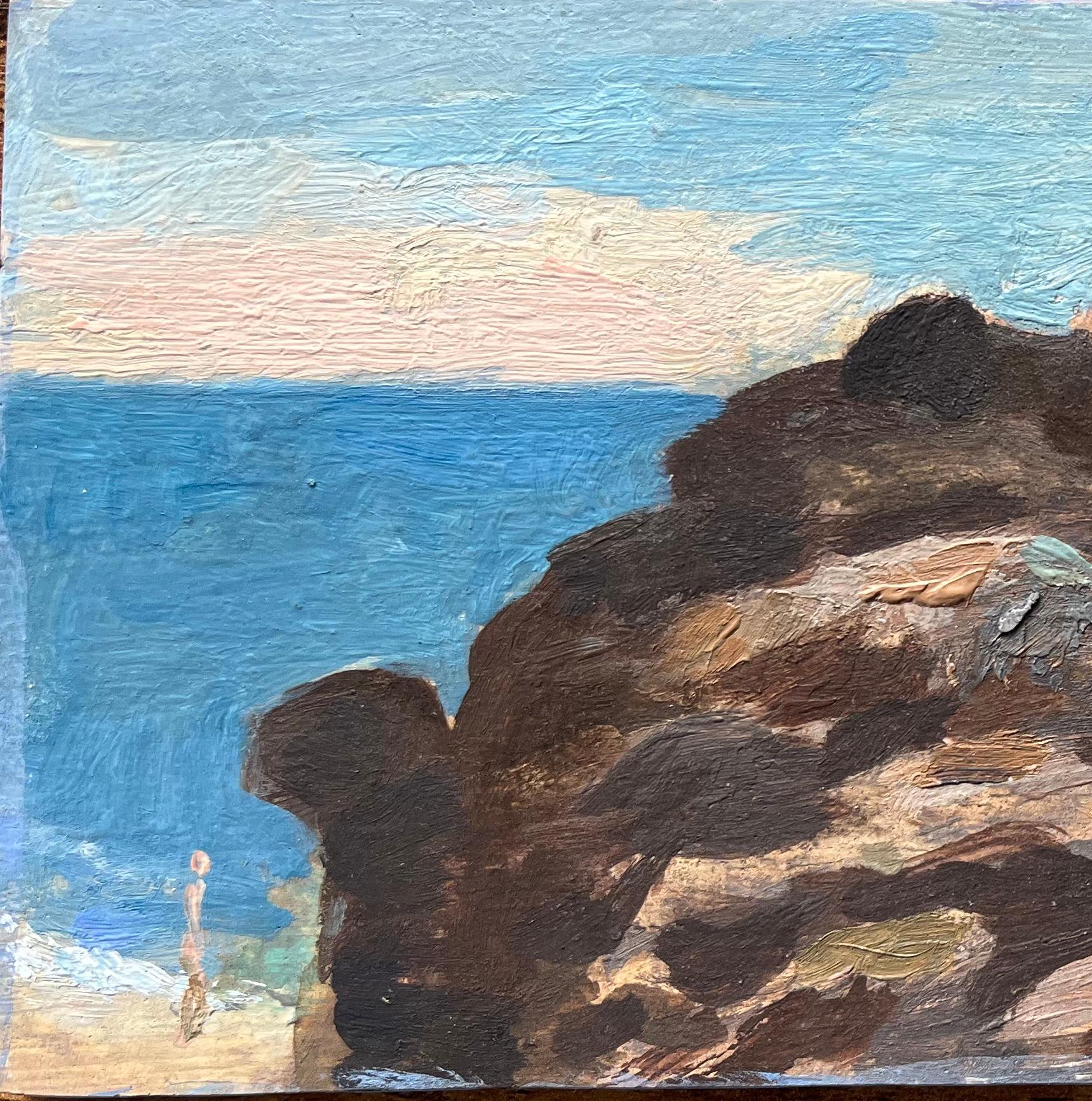 Pintura al óleo impresionista francesa de un paisaje costero con figuras - Figurative Painting Gris de Bernadette Kelly