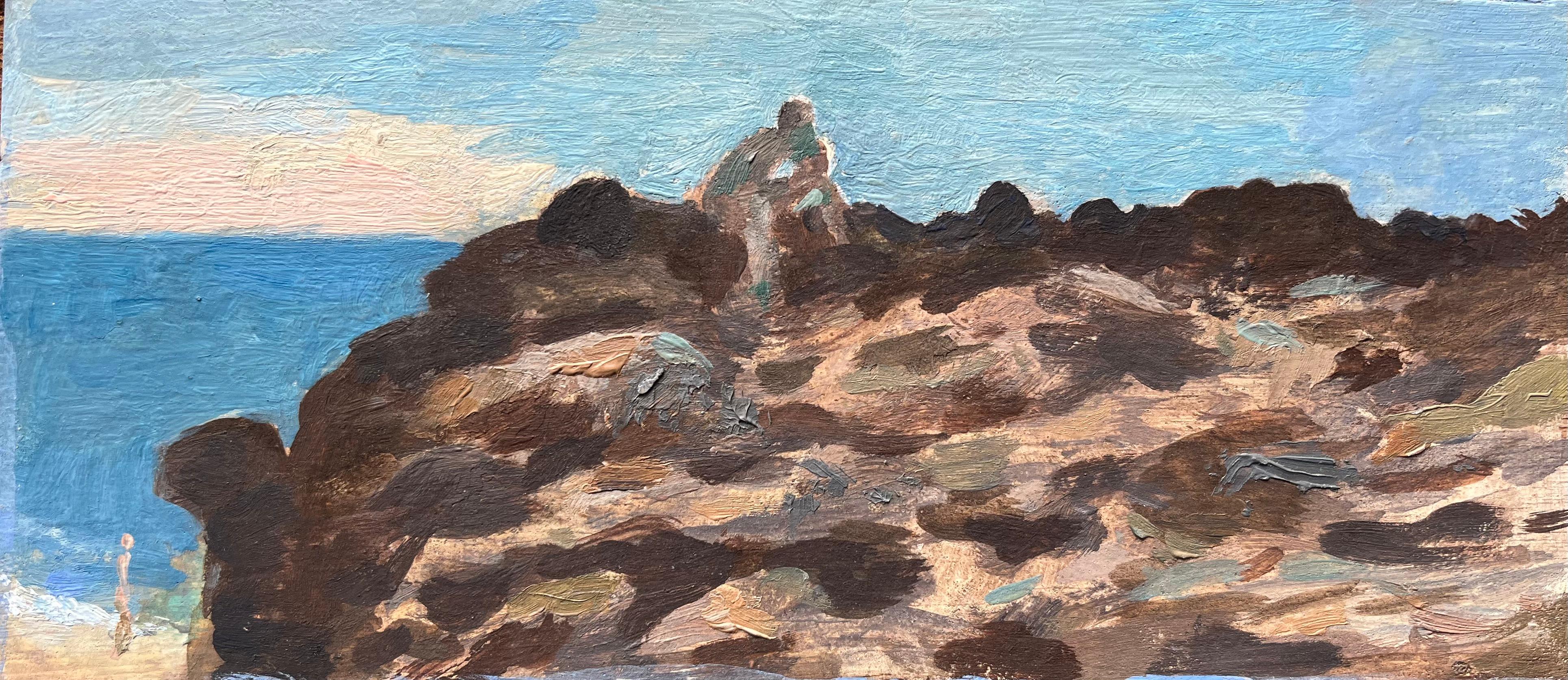 Figurative Painting de Bernadette Kelly - Pintura al óleo impresionista francesa de un paisaje costero con figuras