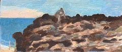 Pintura al óleo impresionista francesa de un paisaje costero con figuras