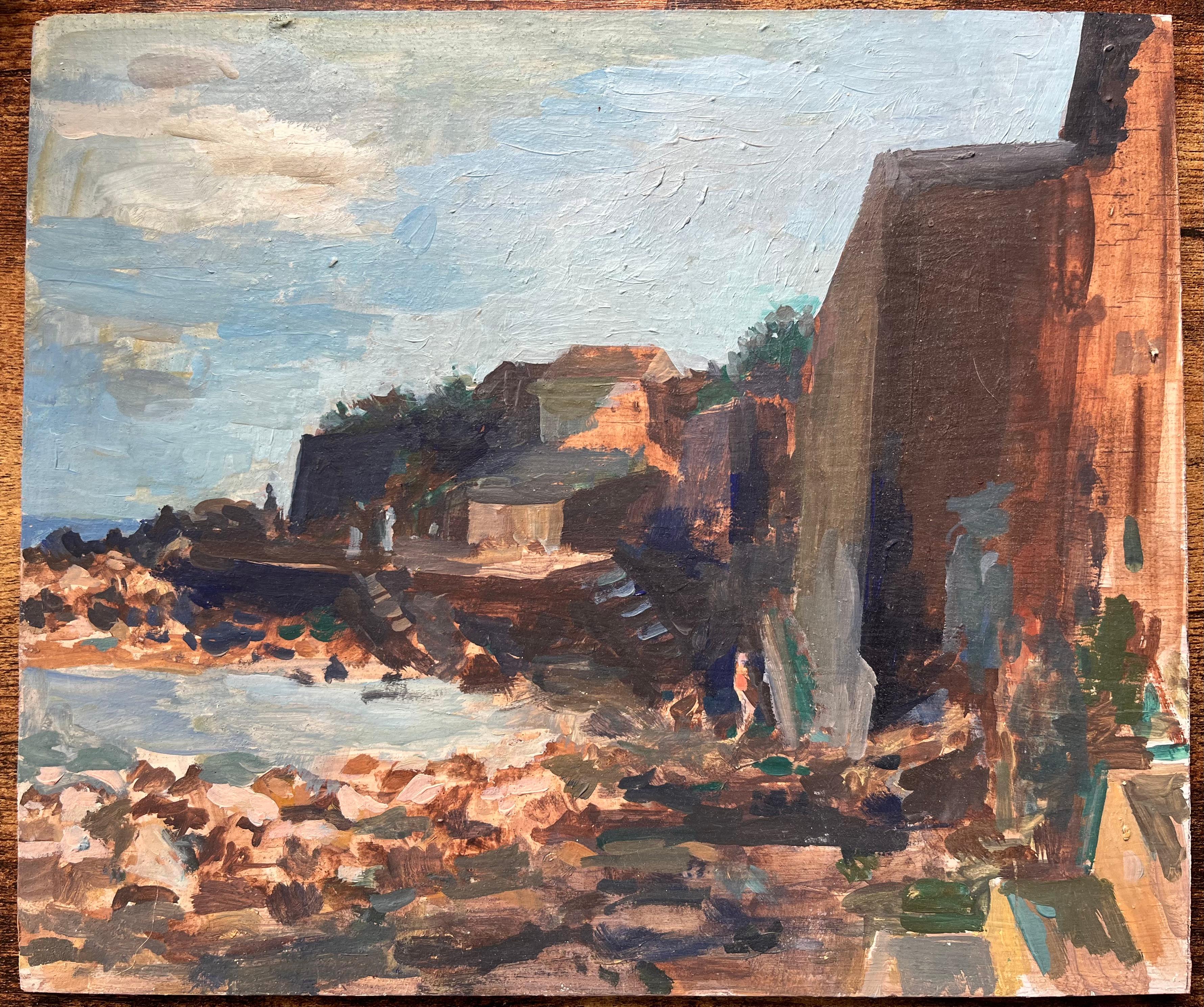 French Impressionist Oil Painting of a Coastal Village with Rocky Shoreline - Brown Figurative Painting by Bernadette Kelly