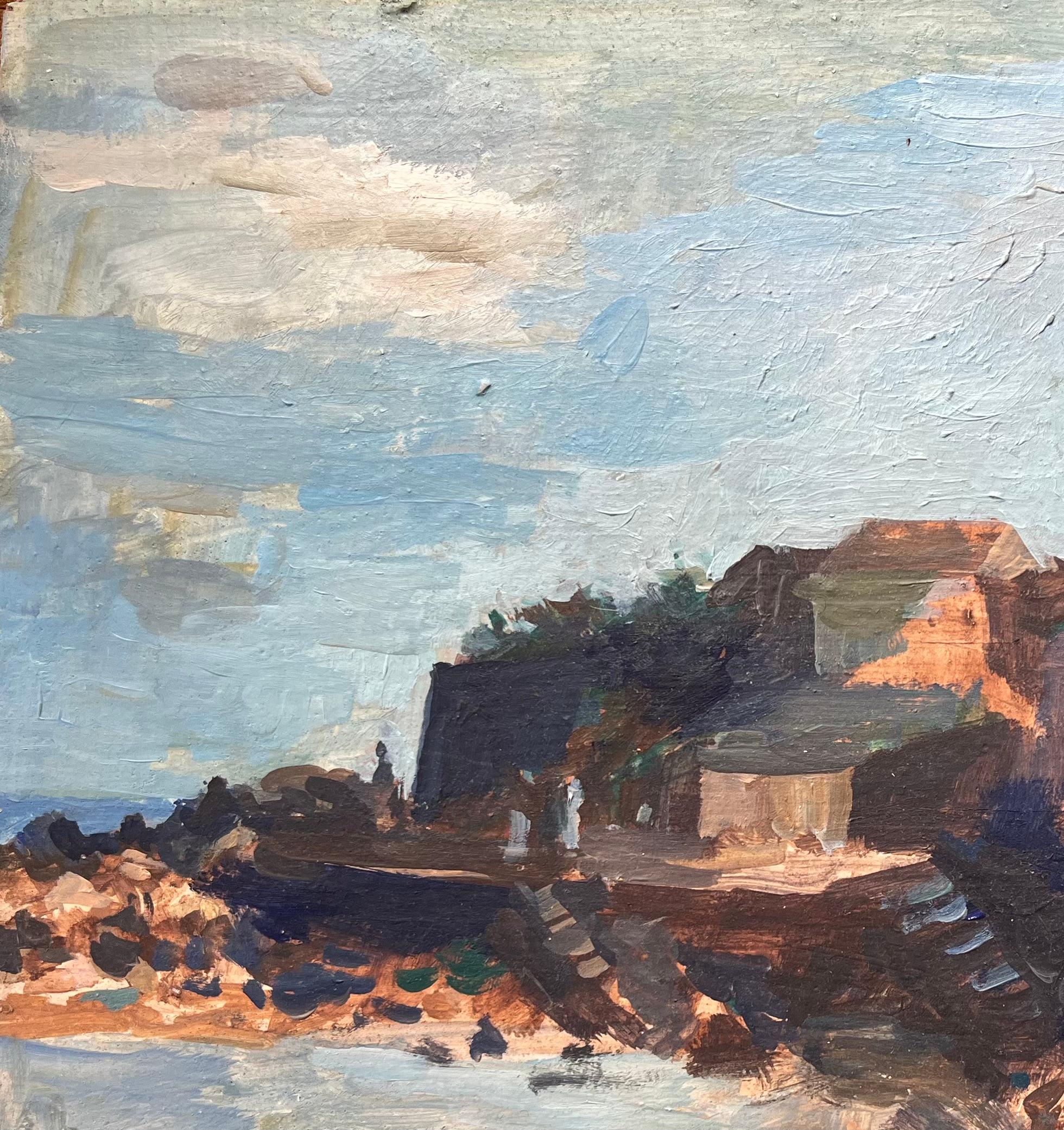 Title: French Impressionist Oil Painting of a Coastal Village with Rocky Shoreline
by Bernadette Kelly (French b. 1933)
Unsigned
Medium: oil painting on board, unframed
Painting size: 9.75 inches (height) x 11.5 inches (width)
Condition: overall