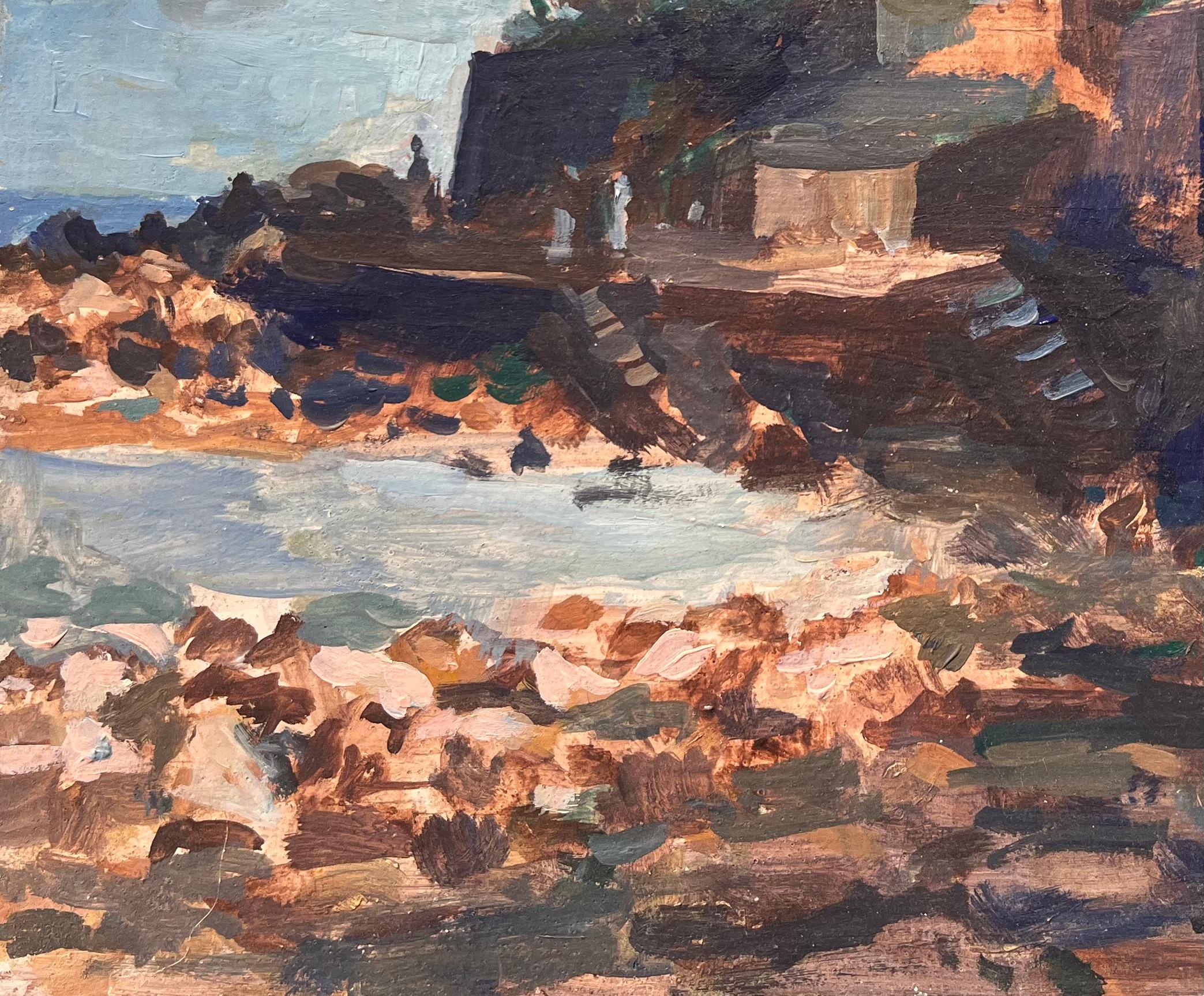 French Impressionist Oil Painting of a Coastal Village with Rocky Shoreline For Sale 1