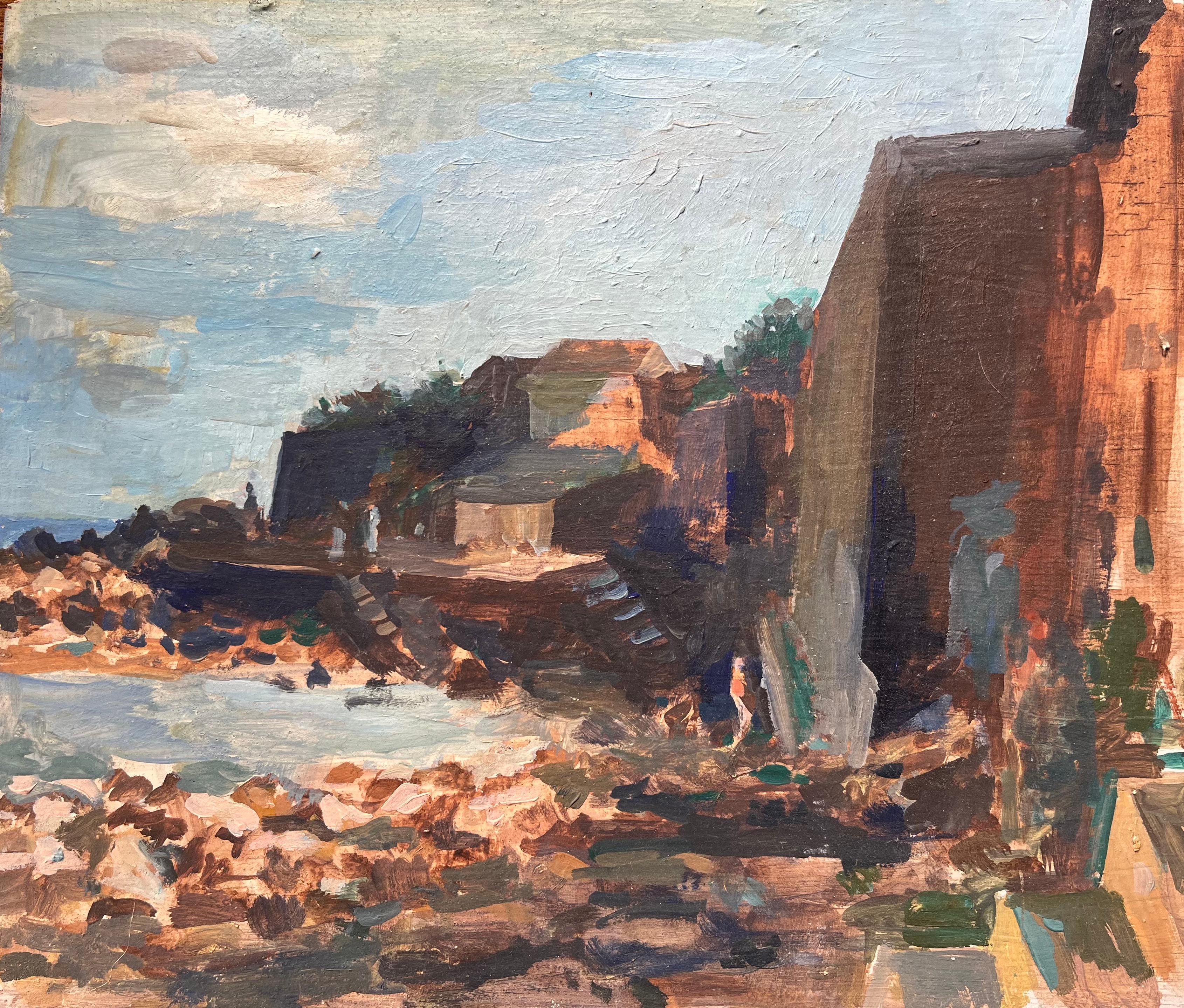 Bernadette Kelly Figurative Painting - French Impressionist Oil Painting of a Coastal Village with Rocky Shoreline