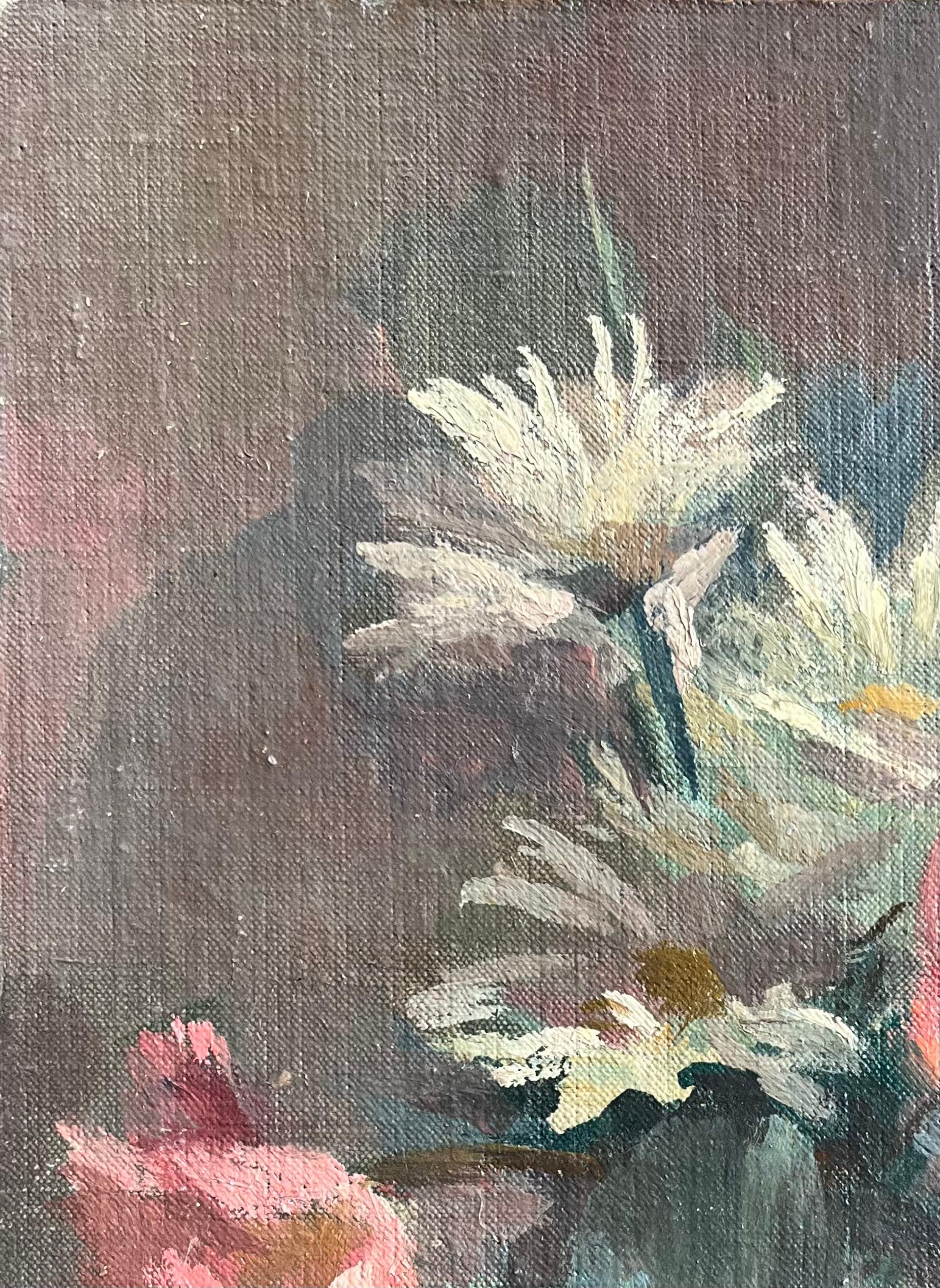 Pittura a olio impressionista francese di una natura morta floreale in un vaso - Interior Painting Grigio di Bernadette Kelly