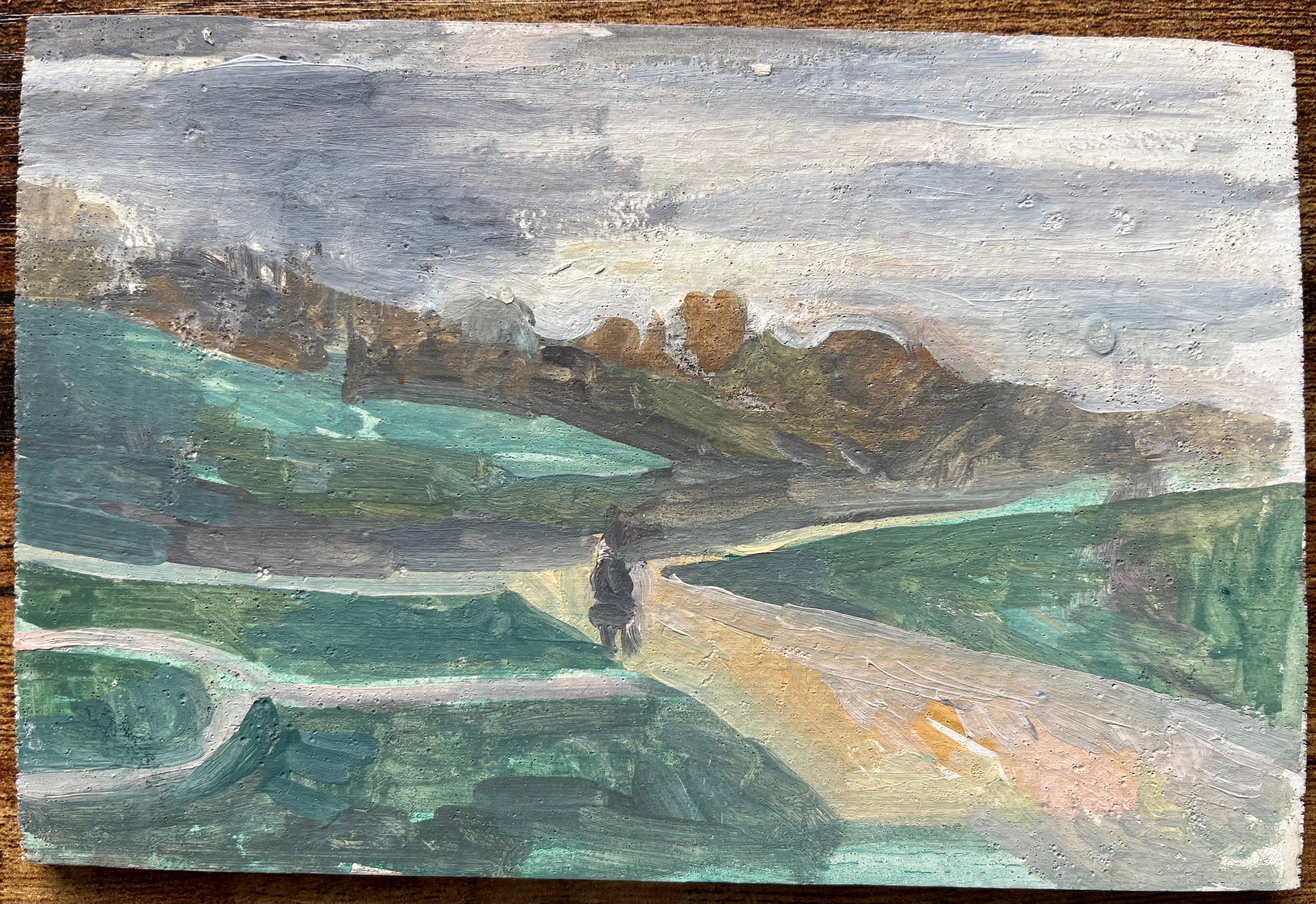 Quadro a olio impressionista francese raffigurante una figura solitaria in un paesaggio di Rolle - Painting di Bernadette Kelly