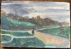 French Impressionist Oil Painting of a Lone Figure in a Rolling Landscape