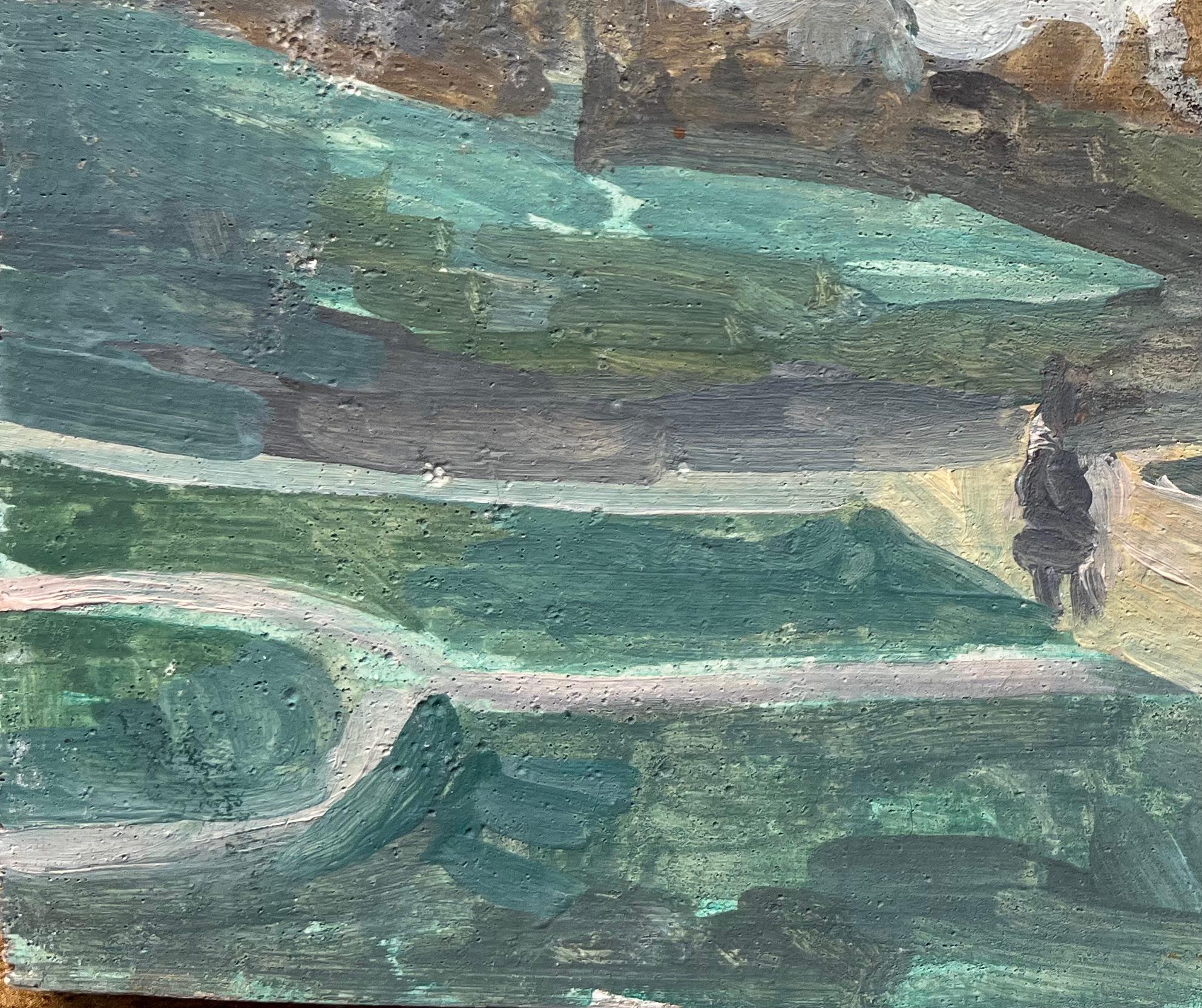 Quadro a olio impressionista francese raffigurante una figura solitaria in un paesaggio di Rolle - Painting Moderno di Bernadette Kelly