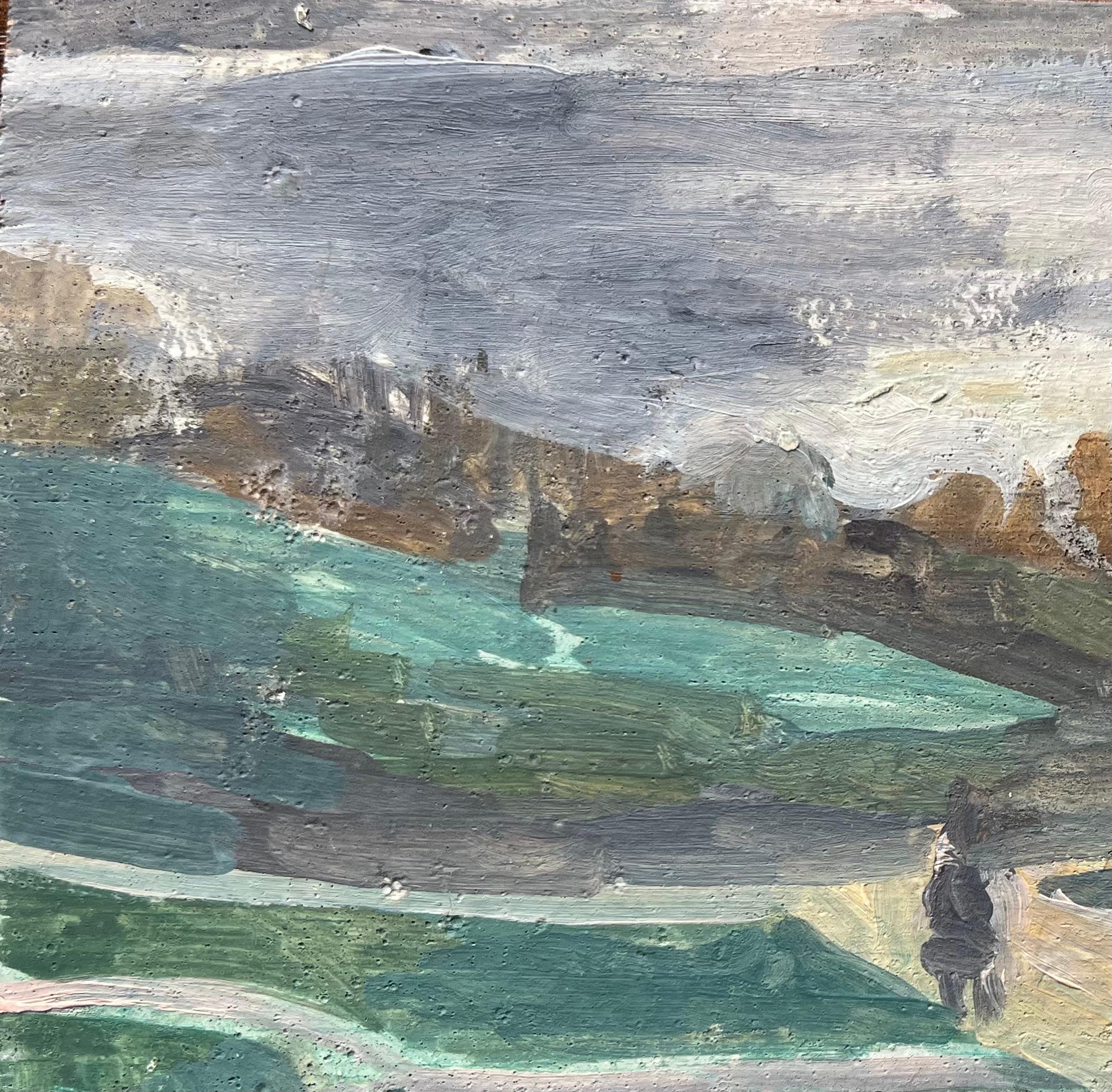 Quadro a olio impressionista francese raffigurante una figura solitaria in un paesaggio di Rolle - Figurative Painting Grigio di Bernadette Kelly
