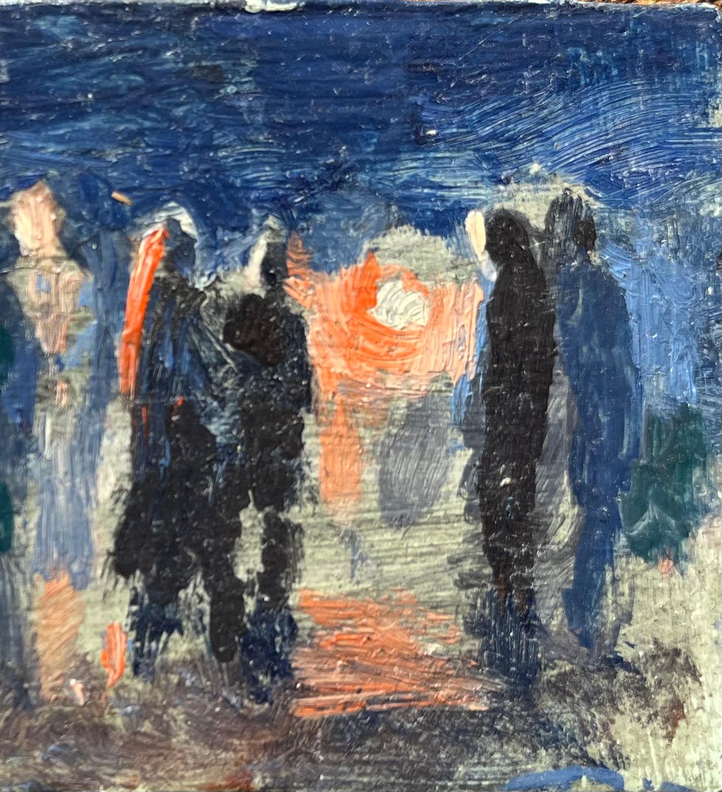 Peinture à l'huile impressionniste française d'une scène de foule de nuit - Painting de Bernadette Kelly
