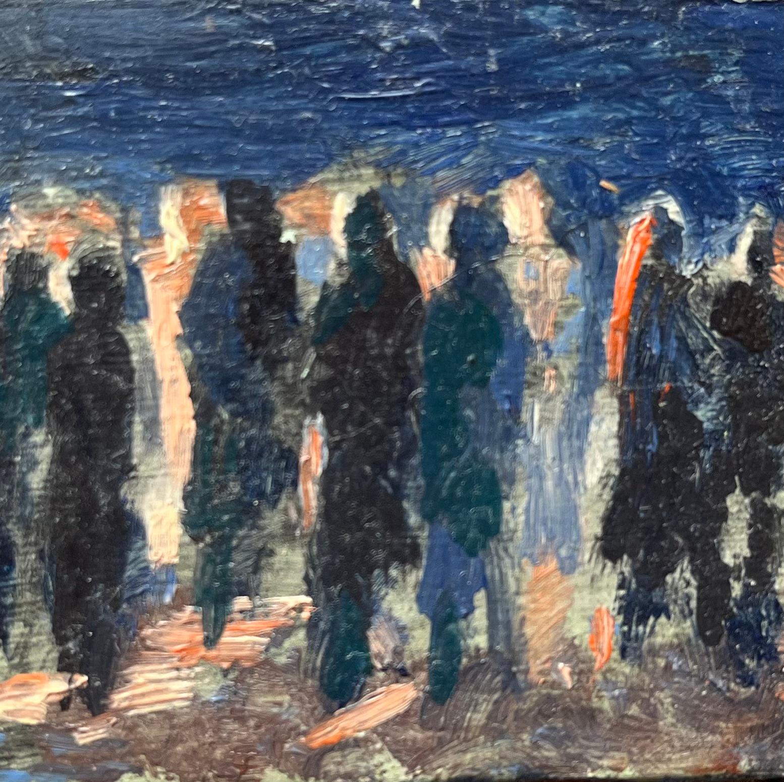 Peinture à l'huile impressionniste française d'une scène de foule de nuit - Moderne Painting par Bernadette Kelly