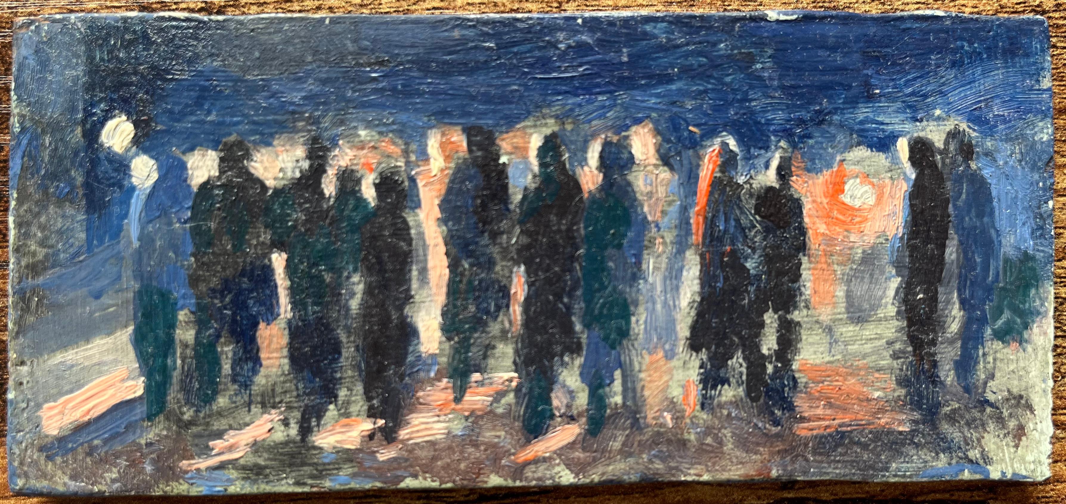 Peinture à l'huile impressionniste française d'une scène de foule de nuit - Gris Interior Painting par Bernadette Kelly