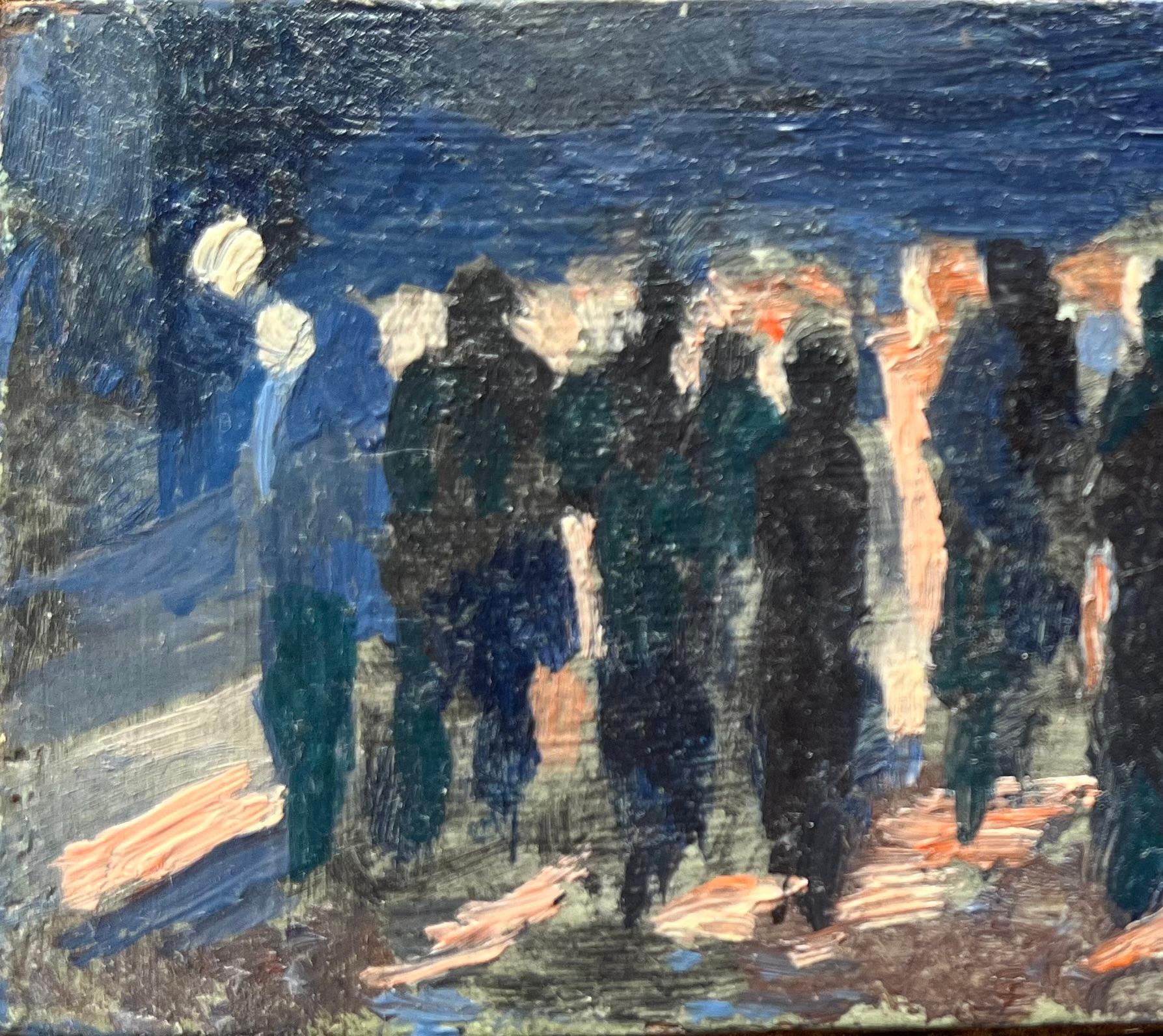 Titre : Peinture à l'huile impressionniste française d'une scène de foule nocturne
de Bernadette Kelly (française née en 1933)
Non signé
Support : peinture à l'huile sur carton, non encadré
Taille de la peinture : 2,25 pouces (hauteur) x 5,25 pouces
