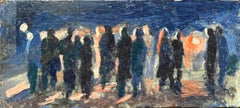 Peinture à l'huile impressionniste française d'une scène de foule de nuit