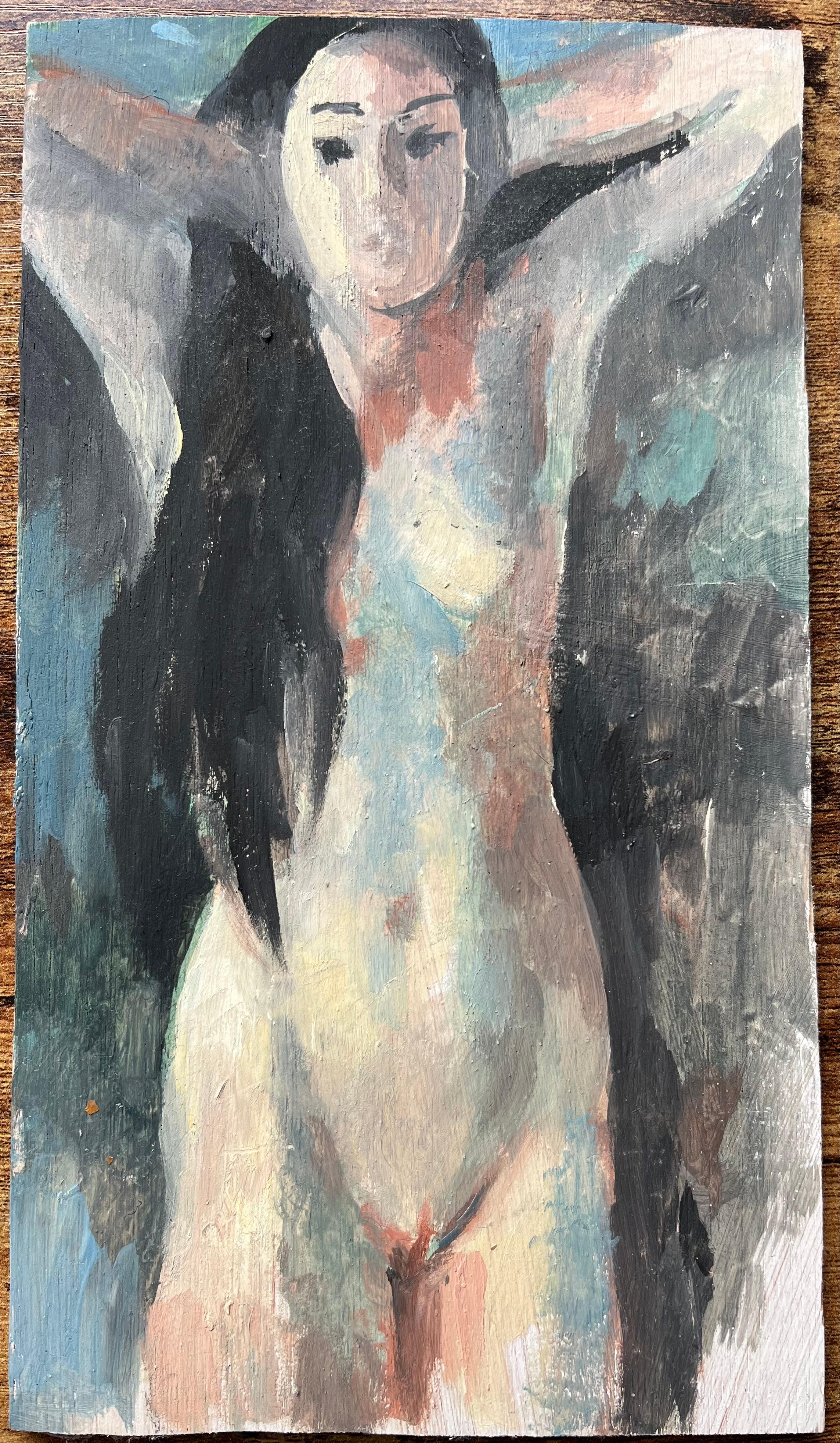 French Impressionist Oil Painting of a Nude Woman with Flowing Hair - Gray Interior Painting by Bernadette Kelly