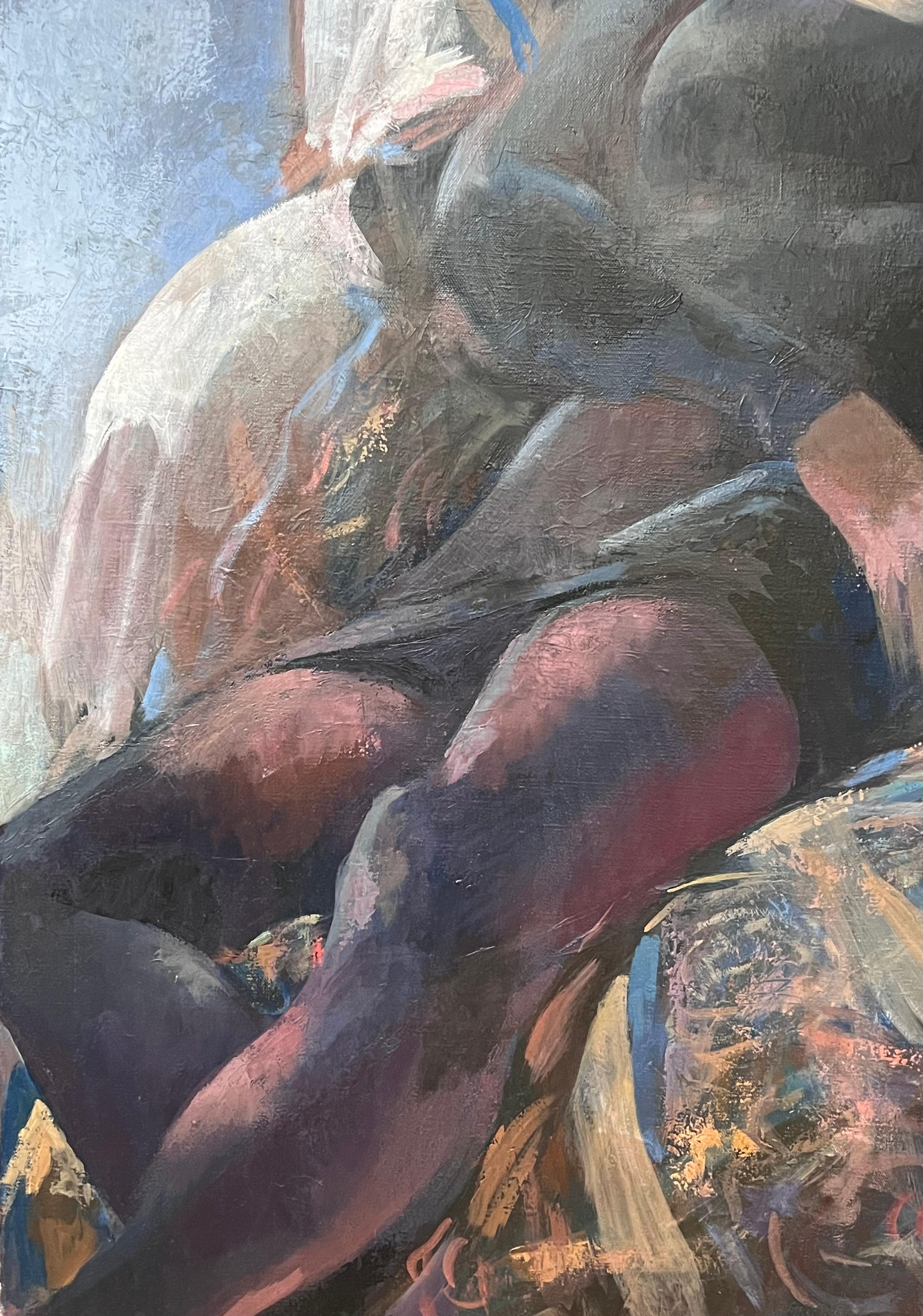 Französisch Impressionist Ölgemälde einer Posed Dame saß in großen Sessel – Painting von Bernadette Kelly
